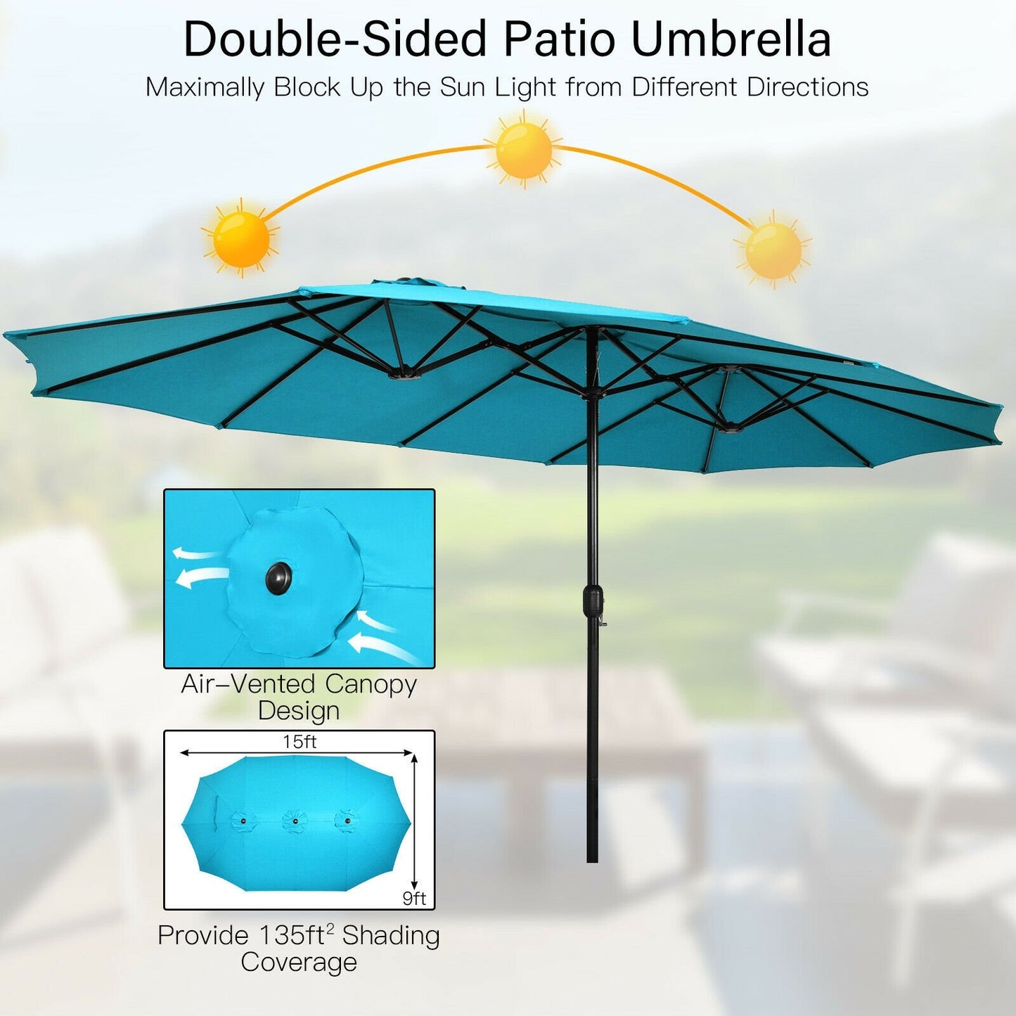 15 Feet Double-Sided Twin Patio Umbrella with Crank and Base Coffee in Outdoor Market, Turquoise Outdoor Umbrellas   at Gallery Canada