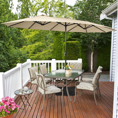 15 Feet Double-Sided Twin Patio Umbrella with Crank and Base Coffee in Outdoor Market, Beige - Gallery Canada