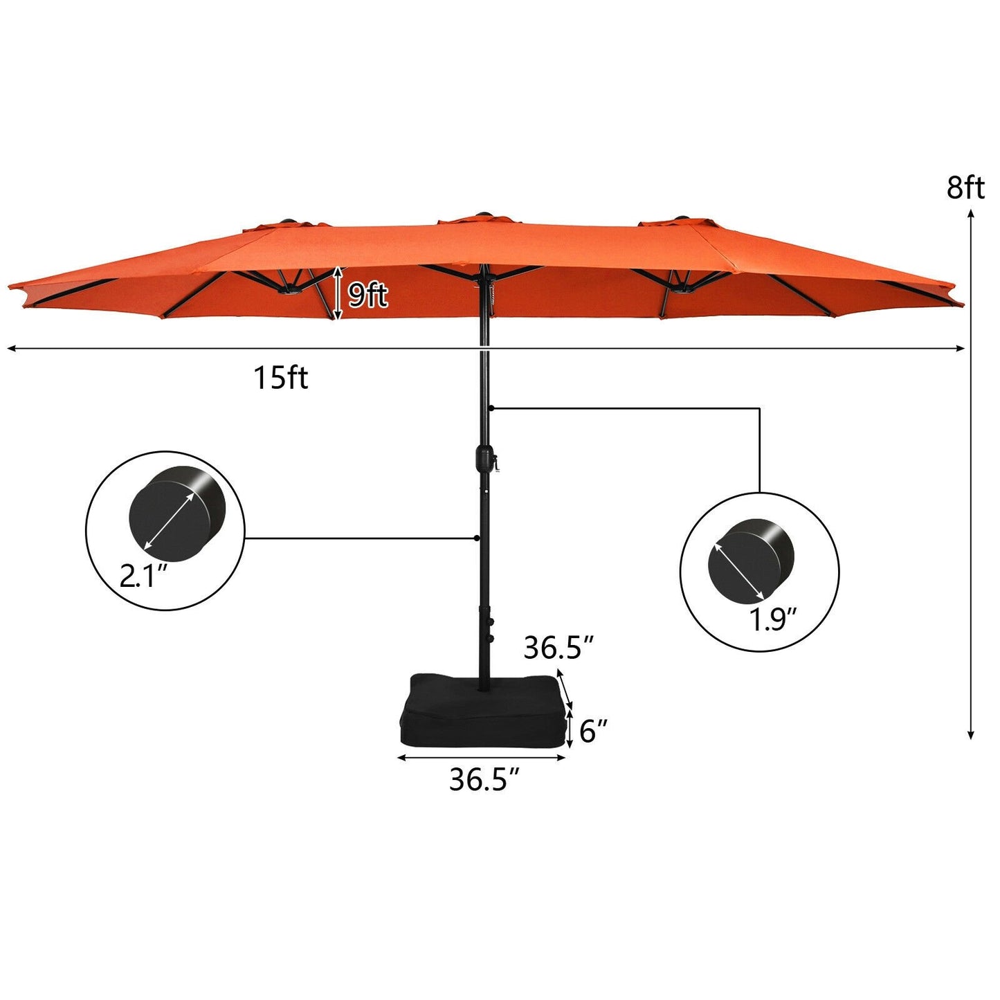 15 Feet Double-Sided Twin Patio Umbrella with Crank and Base Coffee in Outdoor Market, Orange Outdoor Umbrellas   at Gallery Canada