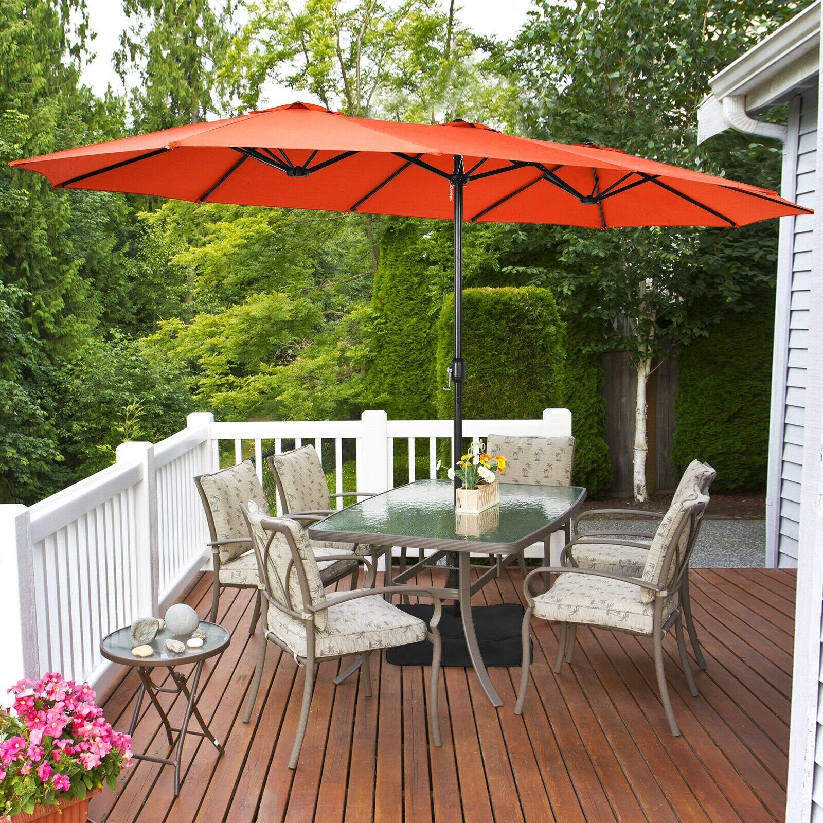 15 Feet Double-Sided Twin Patio Umbrella with Crank and Base Coffee in Outdoor Market, Orange Outdoor Umbrellas   at Gallery Canada