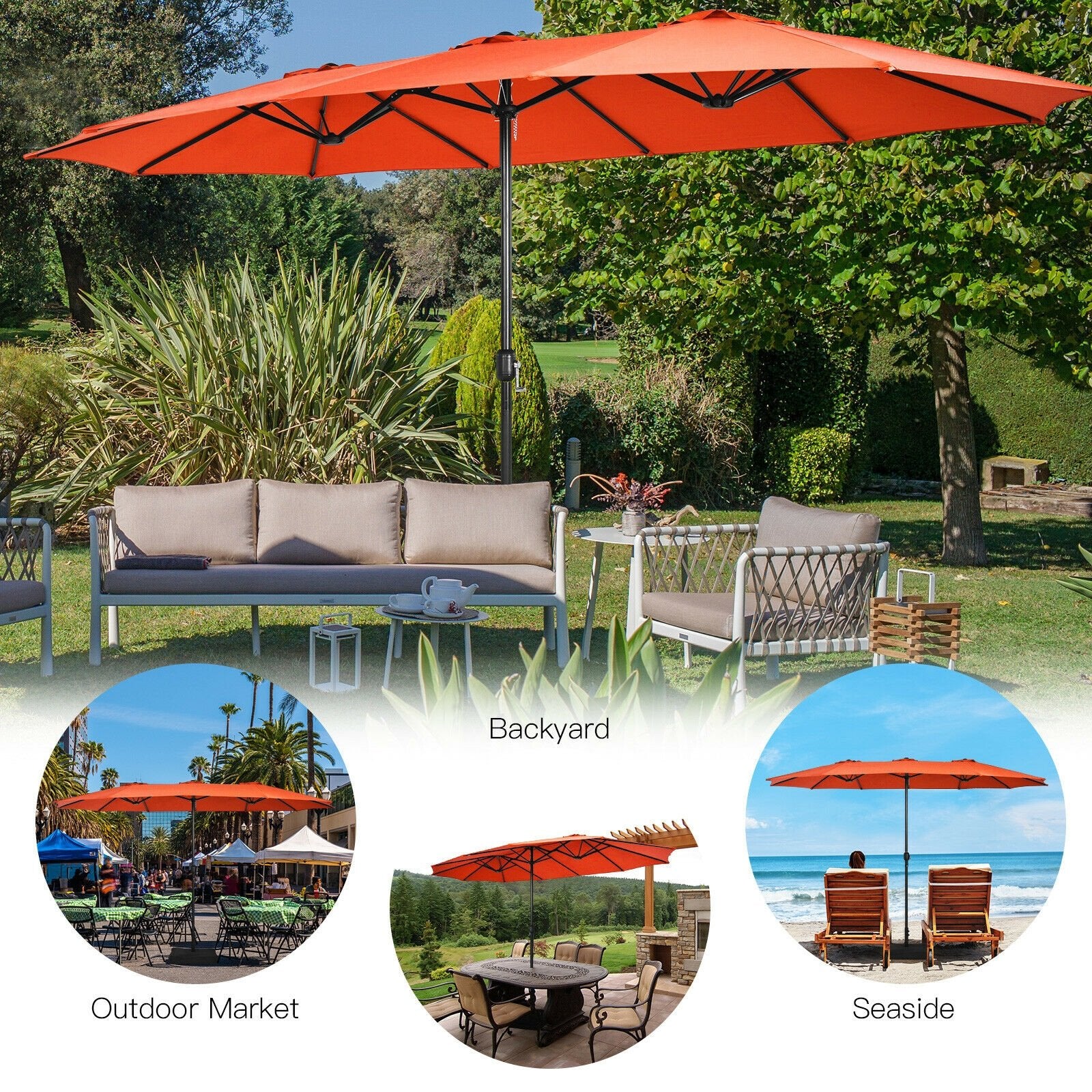 15 Feet Double-Sided Twin Patio Umbrella with Crank and Base Coffee in Outdoor Market, Orange Outdoor Umbrellas   at Gallery Canada