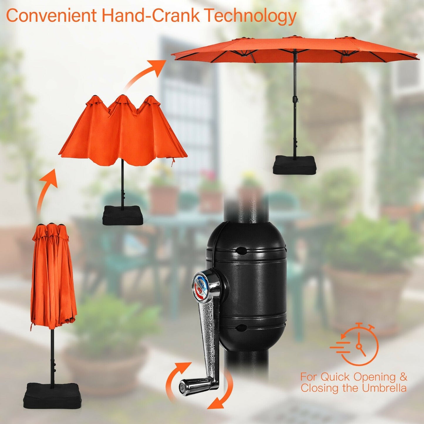 15 Feet Double-Sided Twin Patio Umbrella with Crank and Base Coffee in Outdoor Market, Orange Outdoor Umbrellas   at Gallery Canada