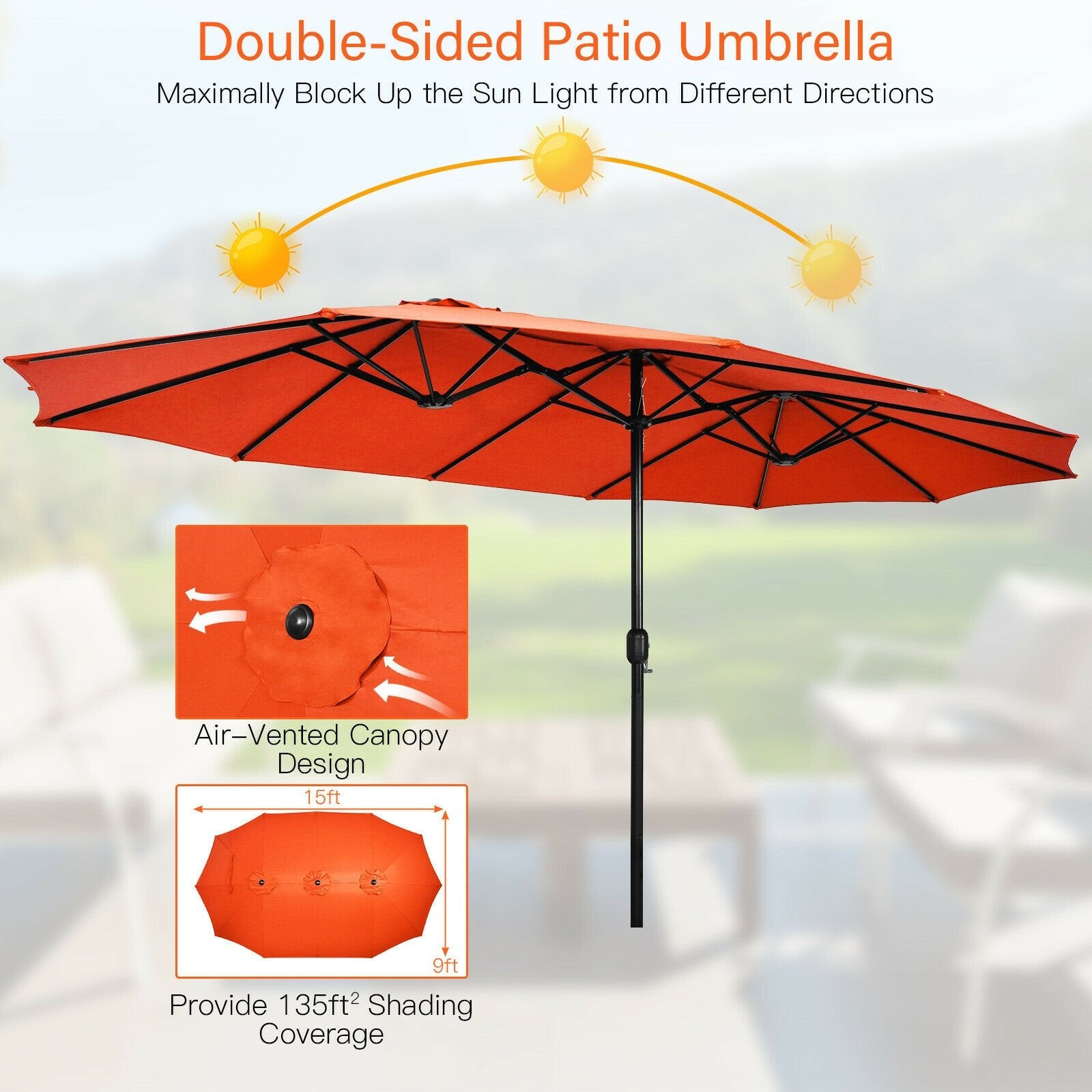 15 Feet Double-Sided Twin Patio Umbrella with Crank and Base Coffee in Outdoor Market, Orange Outdoor Umbrellas   at Gallery Canada