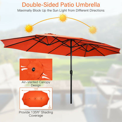 15 Feet Double-Sided Twin Patio Umbrella with Crank and Base Coffee in Outdoor Market, Orange Outdoor Umbrellas   at Gallery Canada