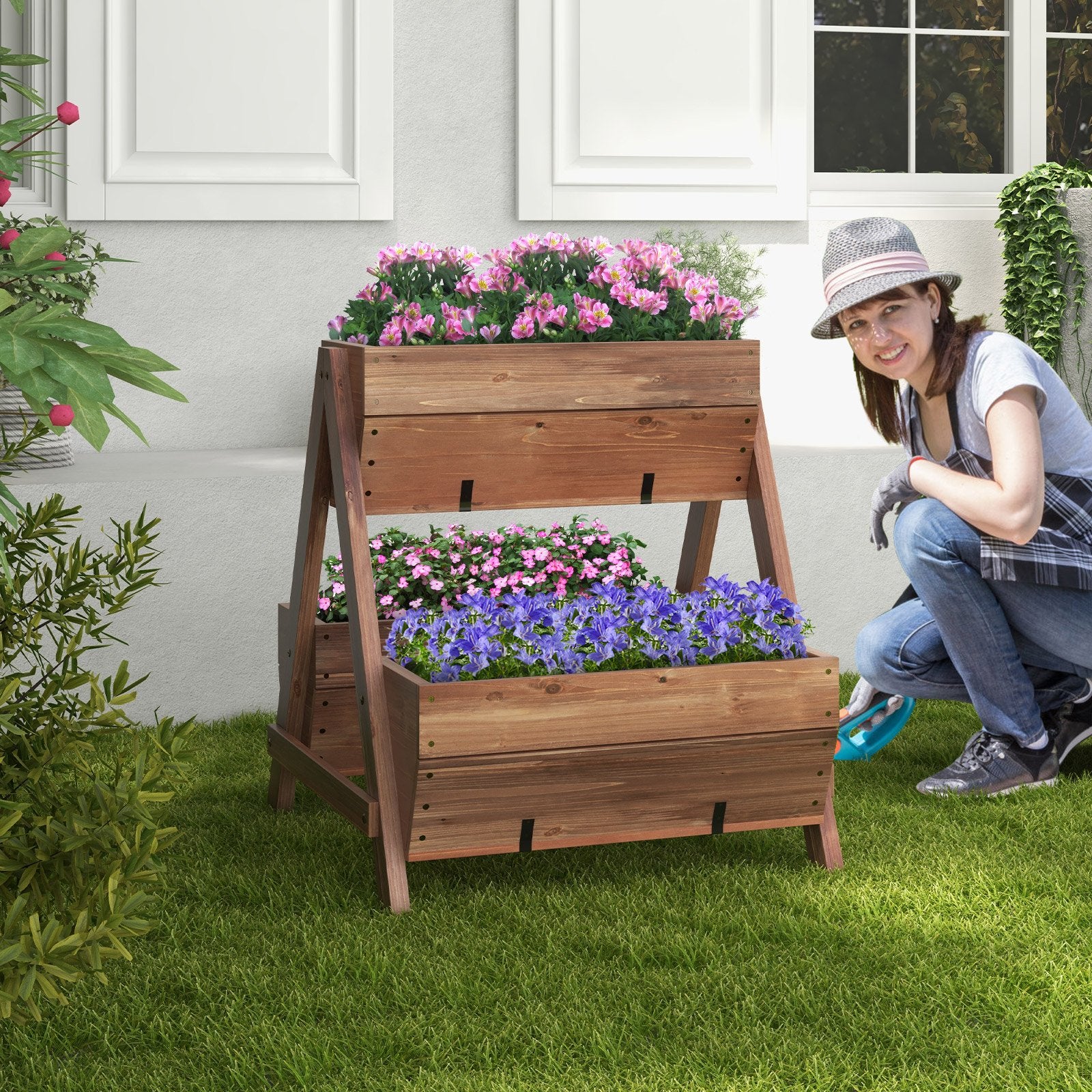 Vertical Raised Garden bed with 3 Wooden Planter Boxes-S, Brown Raised Garden Beds   at Gallery Canada