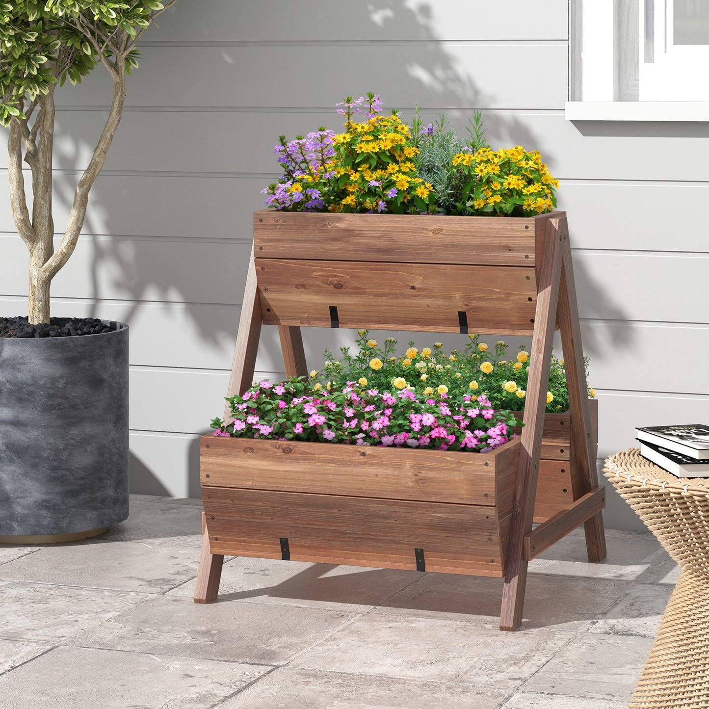 Vertical Raised Garden bed with 3 Wooden Planter Boxes-S, Brown Raised Garden Beds   at Gallery Canada