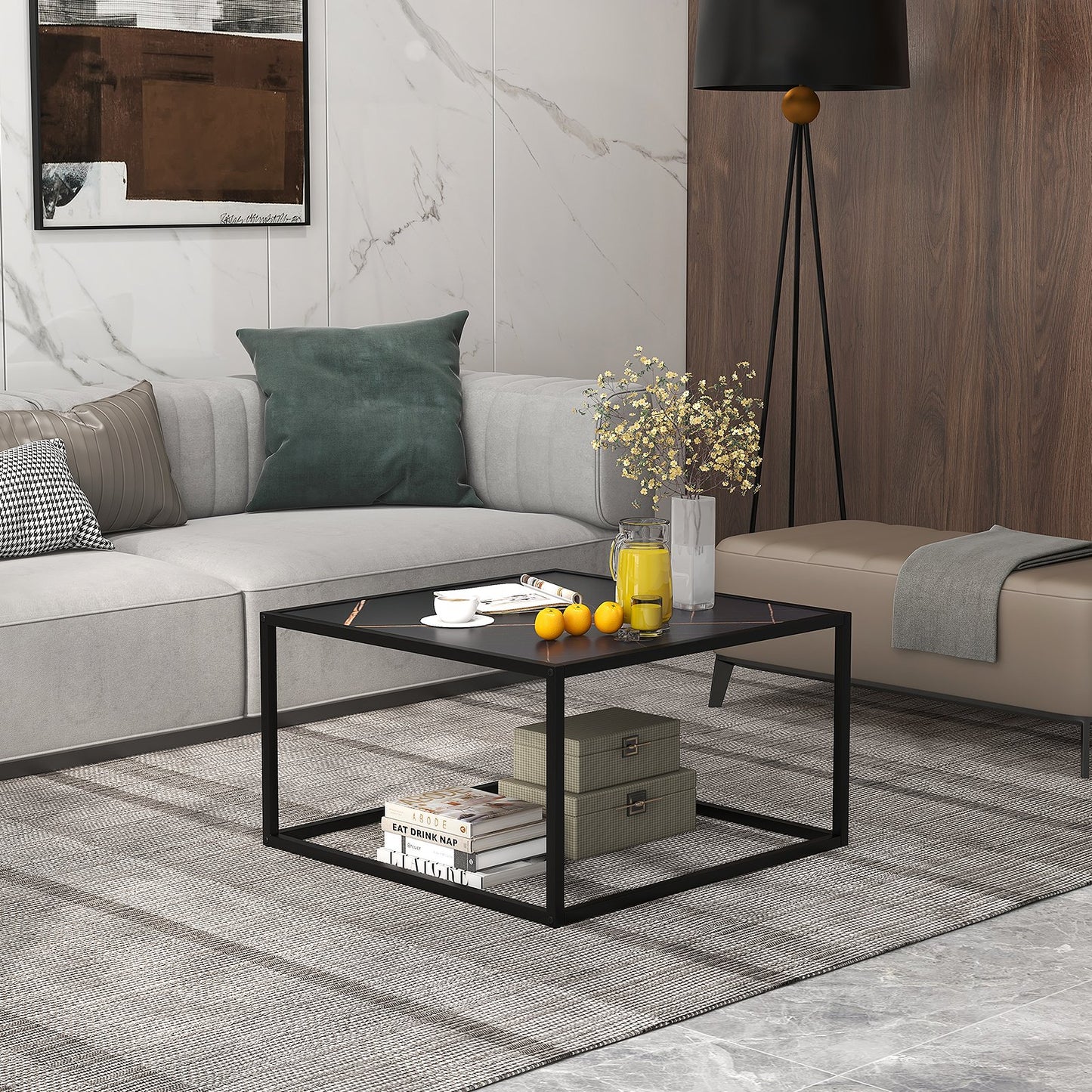 Modern Glass Square Coffee Table with Metal Frame for Living Room, Black Coffee Tables   at Gallery Canada