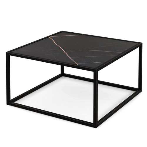 Modern Glass Square Coffee Table with Metal Frame for Living Room, Black