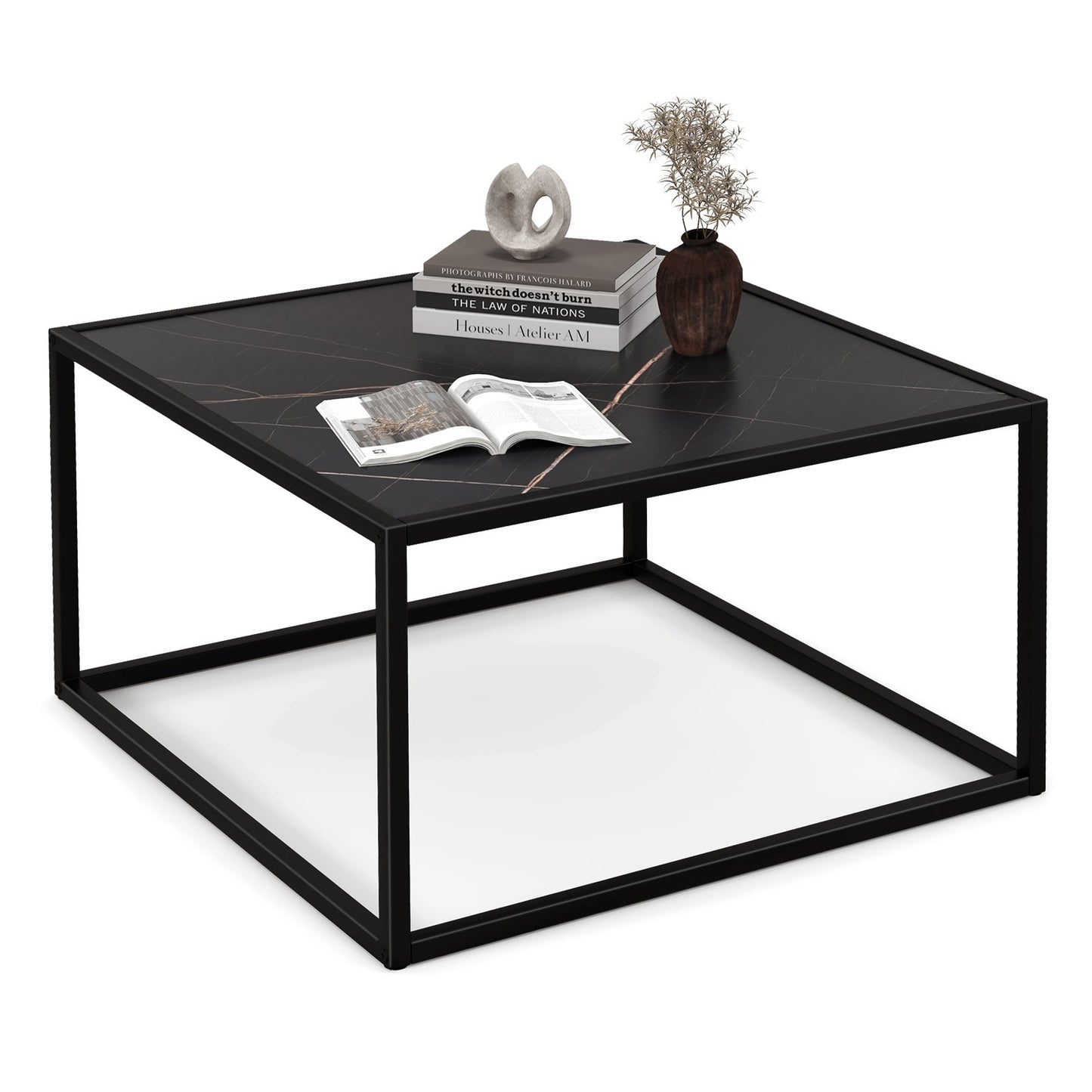 Modern Glass Square Coffee Table with Metal Frame for Living Room, Black Coffee Tables   at Gallery Canada