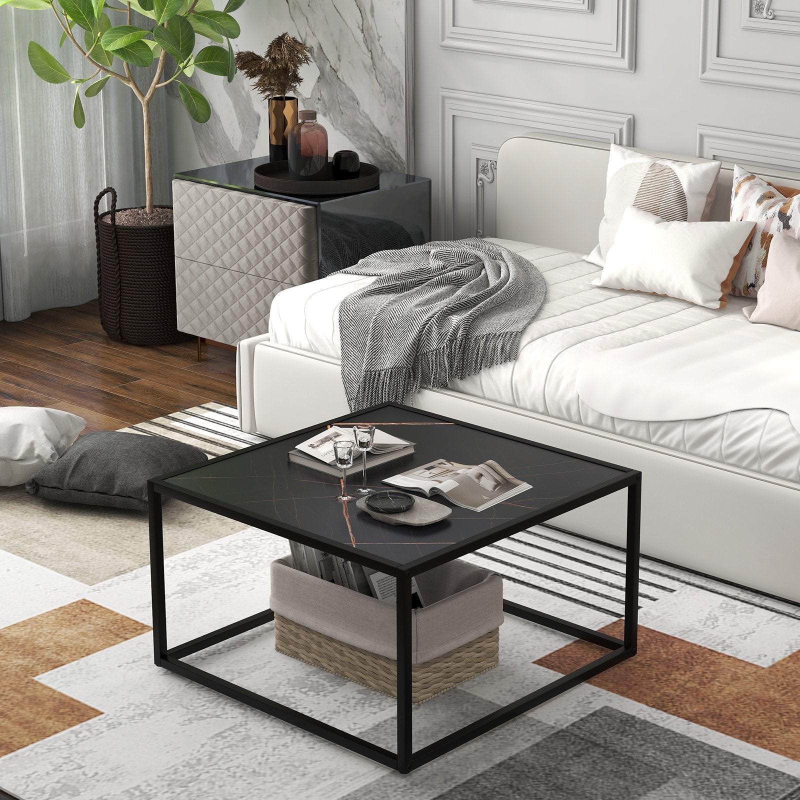 Modern Glass Square Coffee Table with Metal Frame for Living Room, Black Coffee Tables   at Gallery Canada