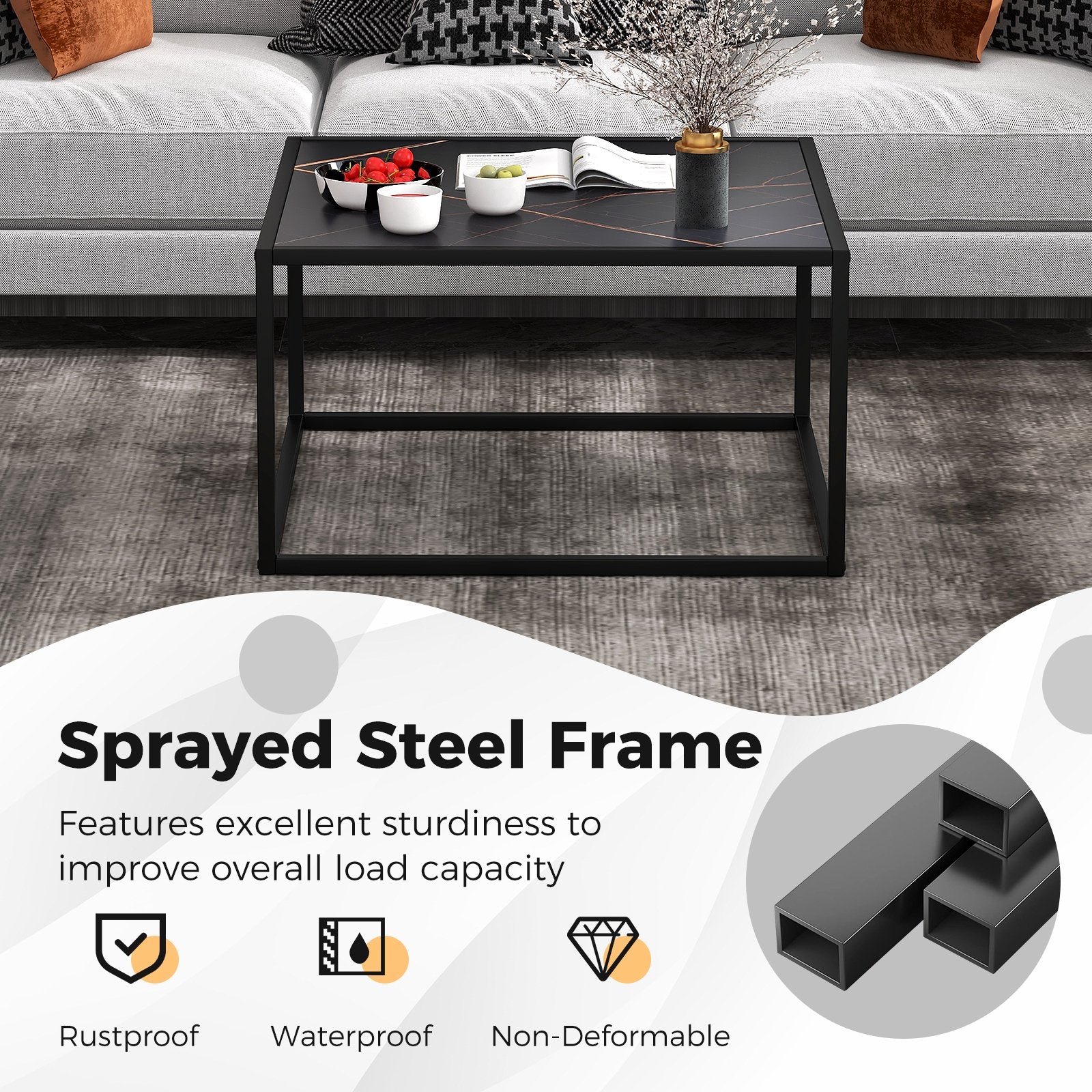 Modern Glass Square Coffee Table with Metal Frame for Living Room, Black Coffee Tables   at Gallery Canada