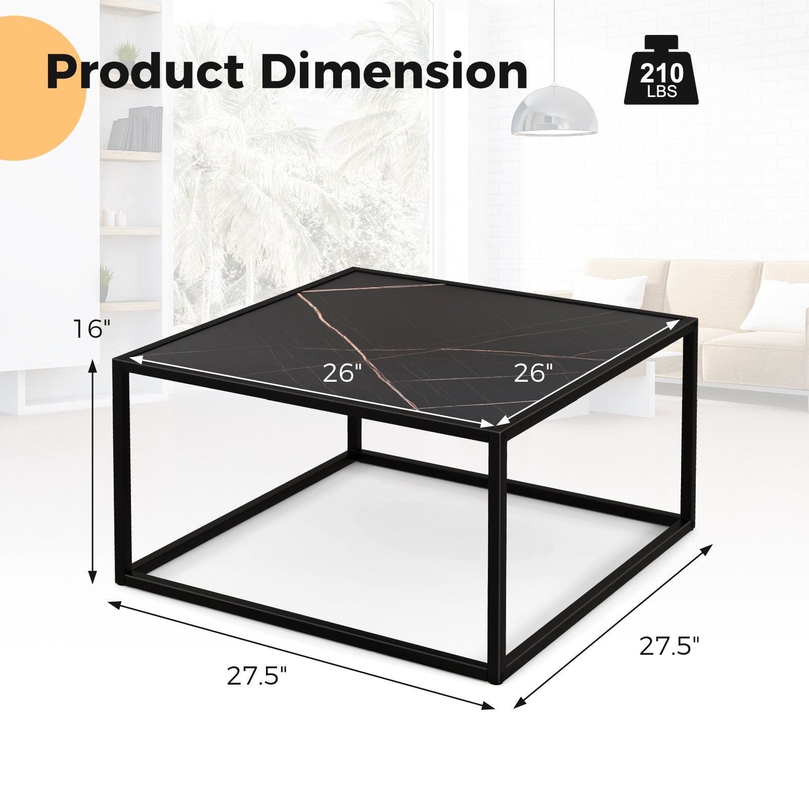 Modern Glass Square Coffee Table with Metal Frame for Living Room, Black Coffee Tables   at Gallery Canada