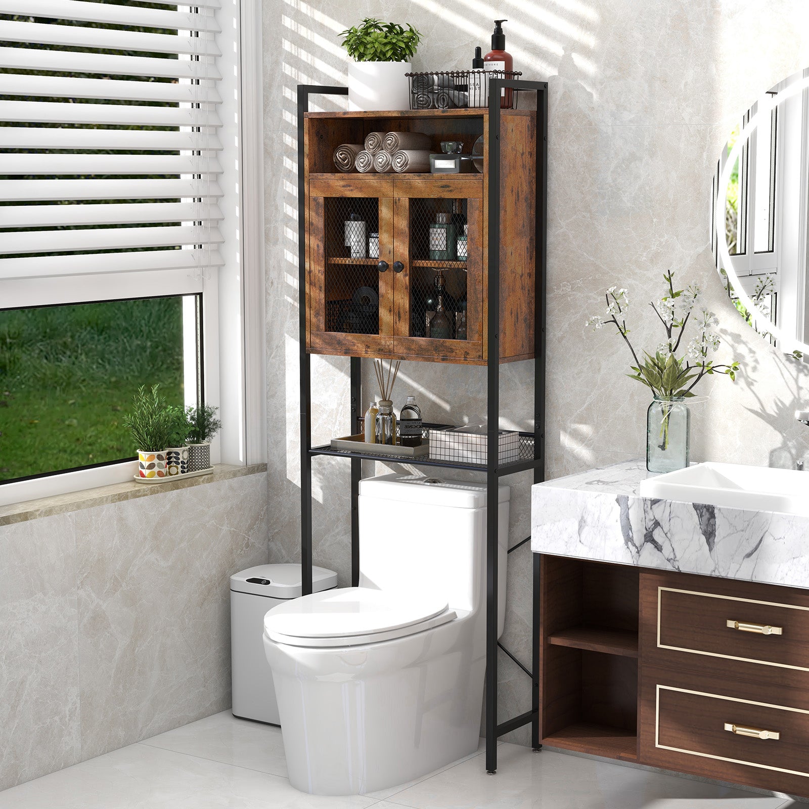 Over-The-Toilet Storage Cabinet with Heavy-Duty Metal Frame 2-door Freestanding, Rustic Brown Bathroom Etagere at Gallery Canada