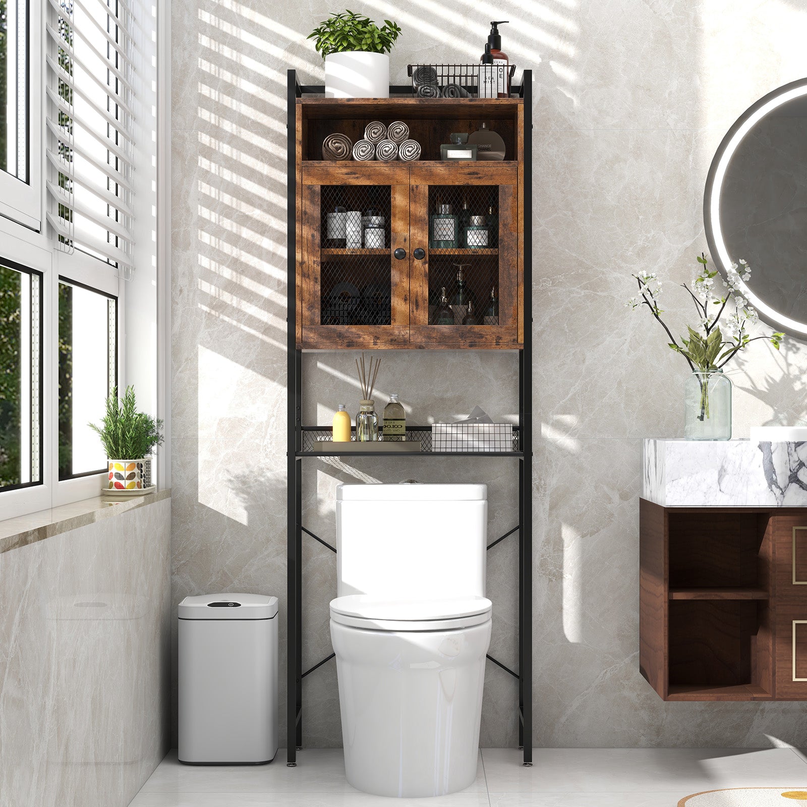 Over-The-Toilet Storage Cabinet with Heavy-Duty Metal Frame 2-door Freestanding, Rustic Brown Bathroom Etagere at Gallery Canada