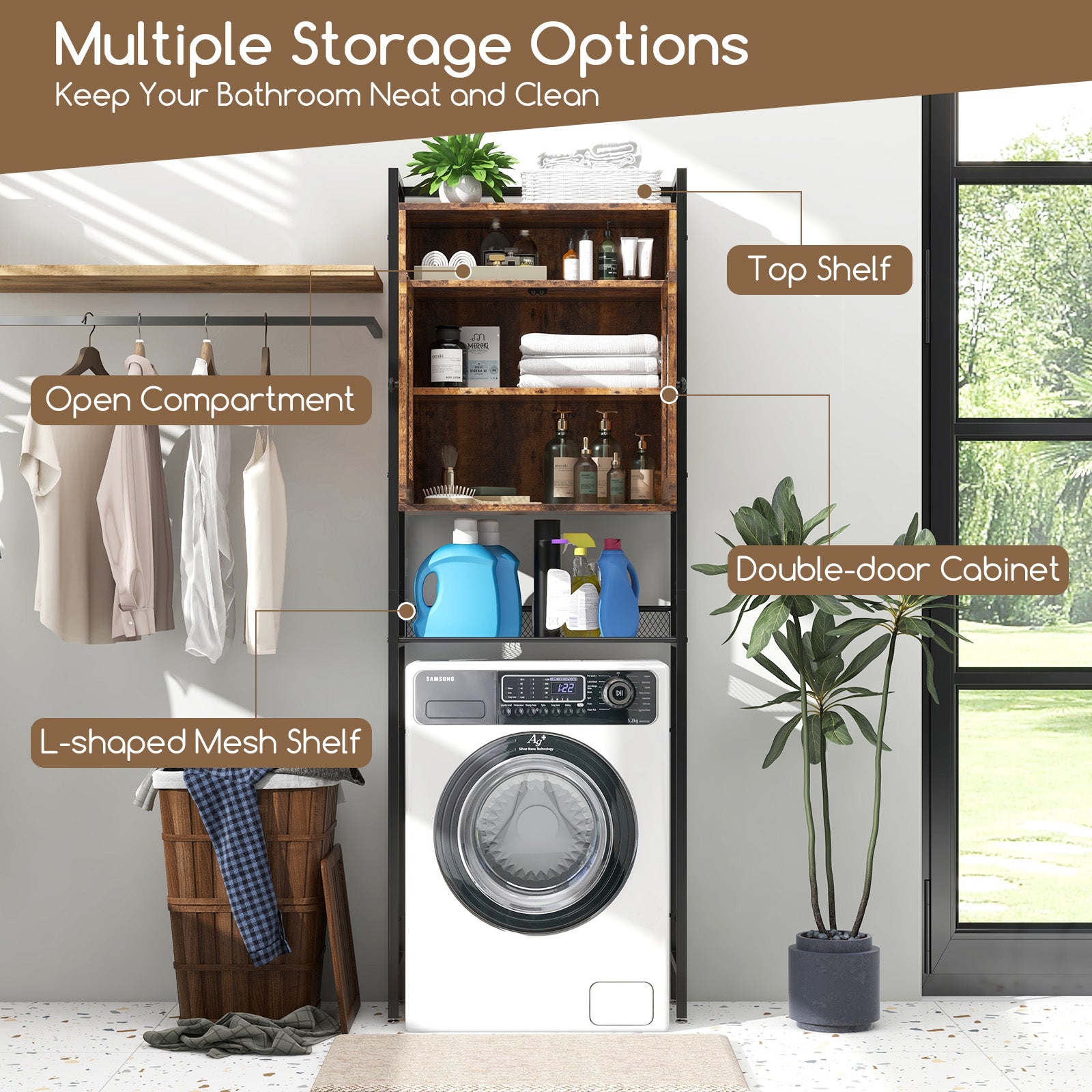 Over-The-Toilet Storage Cabinet with Heavy-Duty Metal Frame 2-door Freestanding, Rustic Brown Bathroom Etagere at Gallery Canada