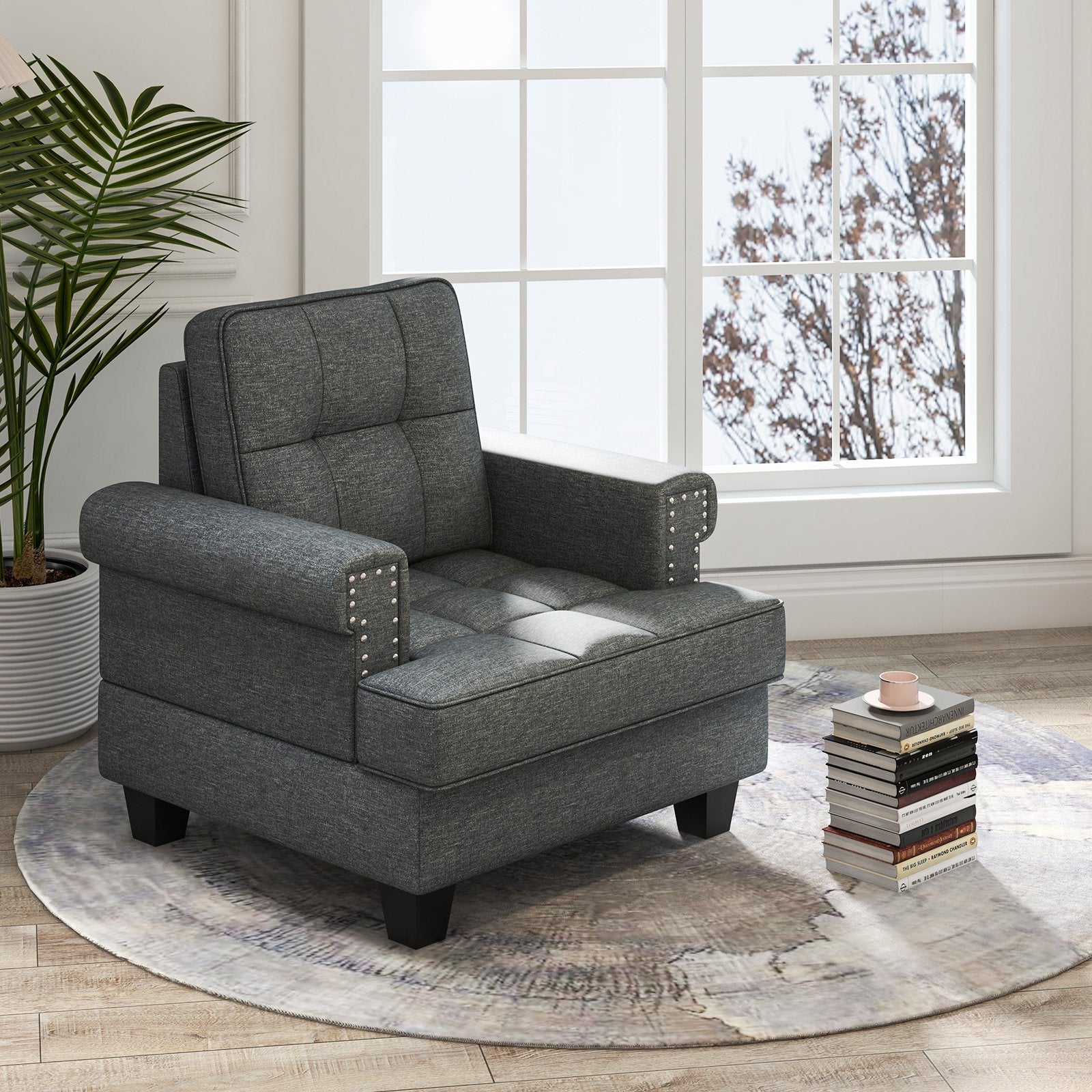 Mid-century Modern Accent Armchair Tufted Linen Club Chair, Gray Accent Chairs   at Gallery Canada