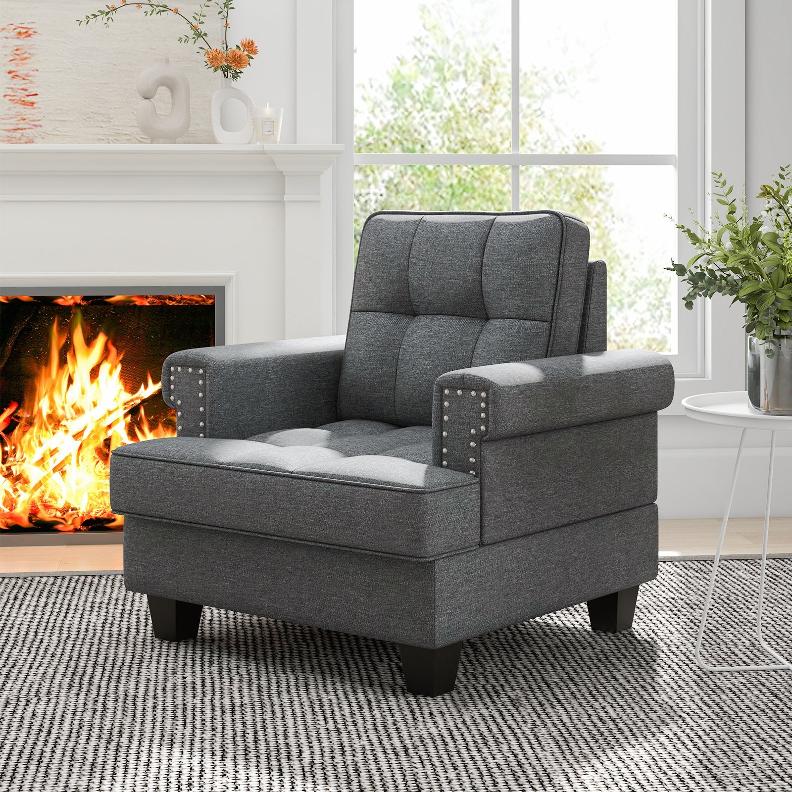 Mid-century Modern Accent Armchair Tufted Linen Club Chair, Gray Accent Chairs   at Gallery Canada