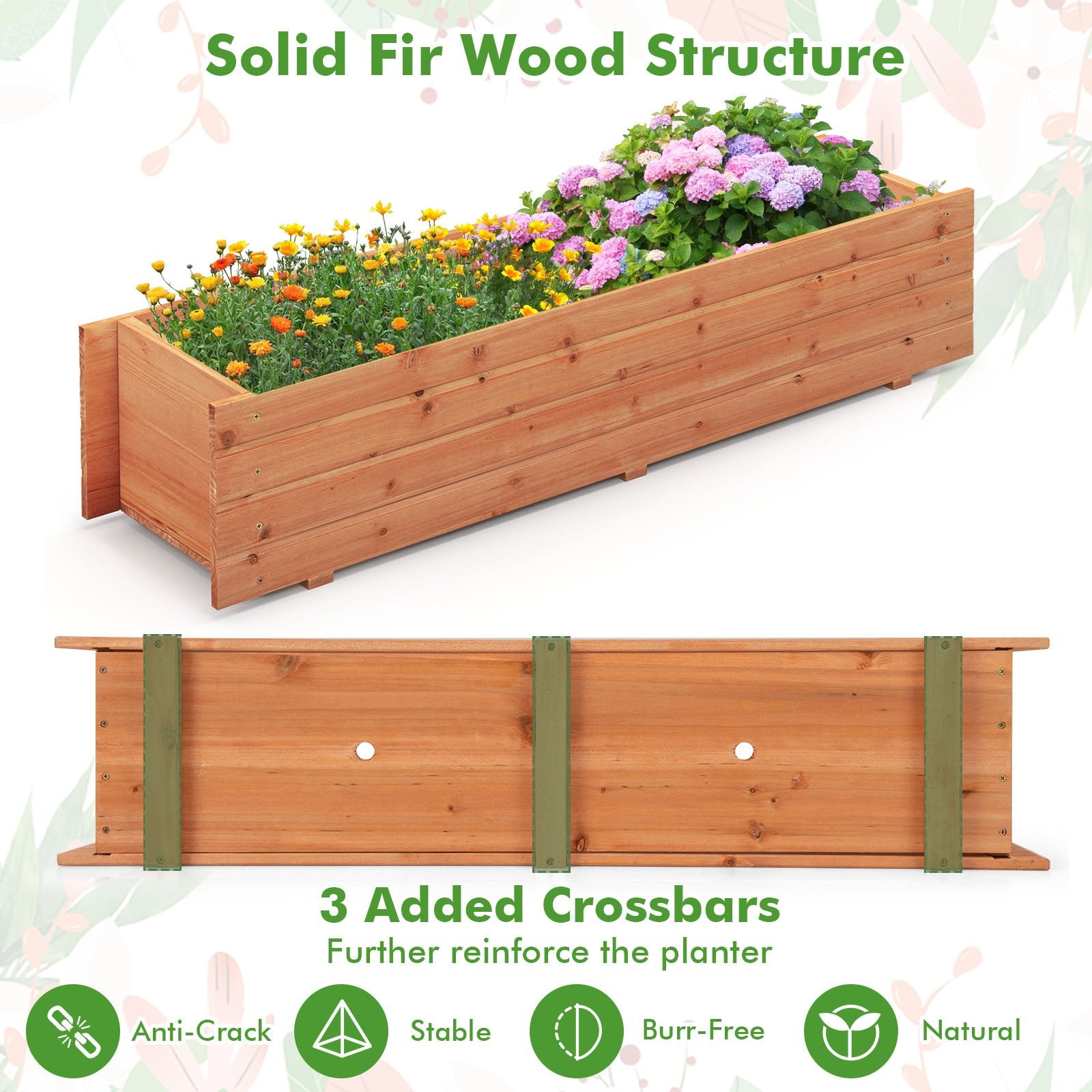 Fir Wood Planter Box with 2 Drainage Holes and 3 Added Bottom Crossbars, Orange - Gallery Canada