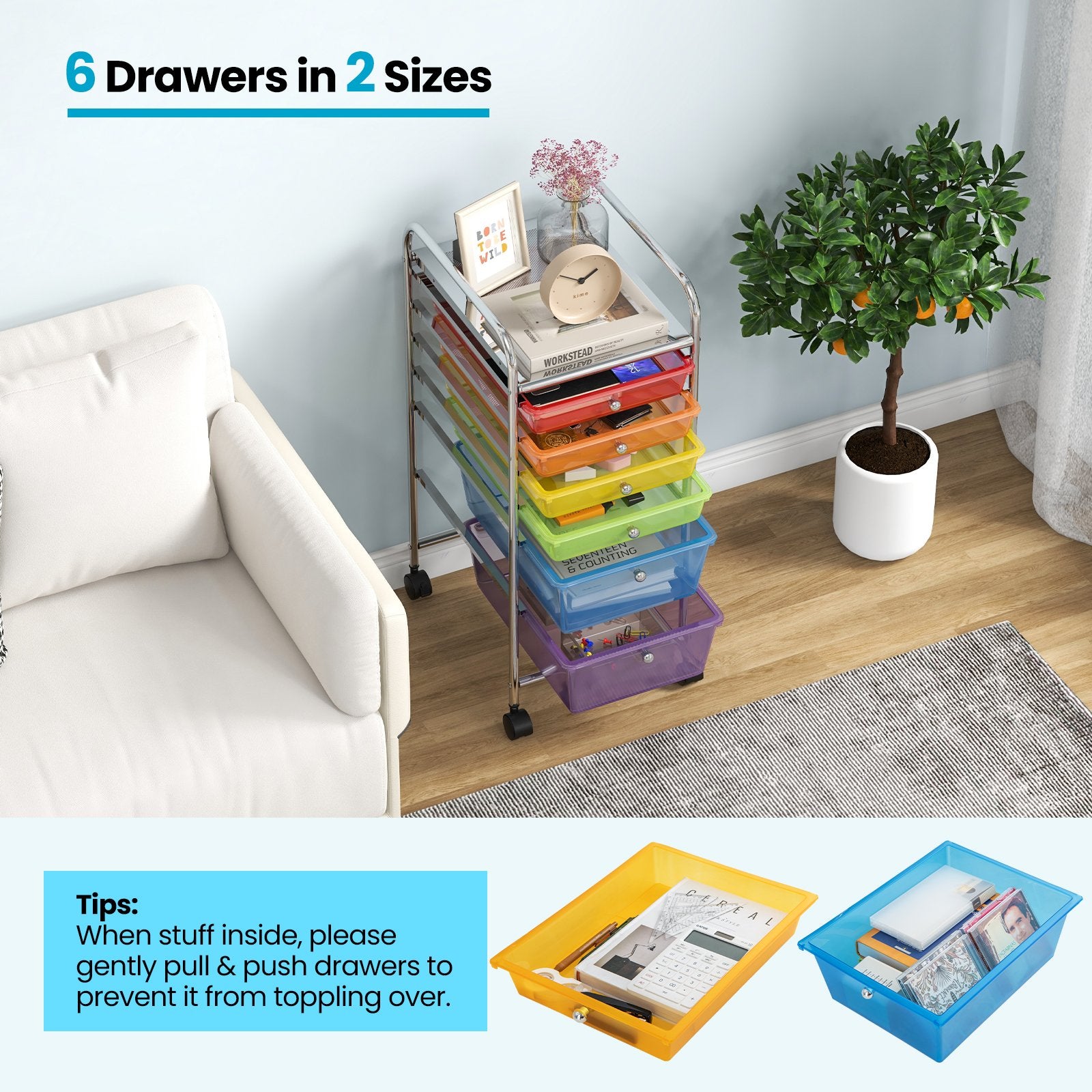 6 Drawers Rolling Storage Cart Organizer, Sheer Rainbow File Cabinets   at Gallery Canada