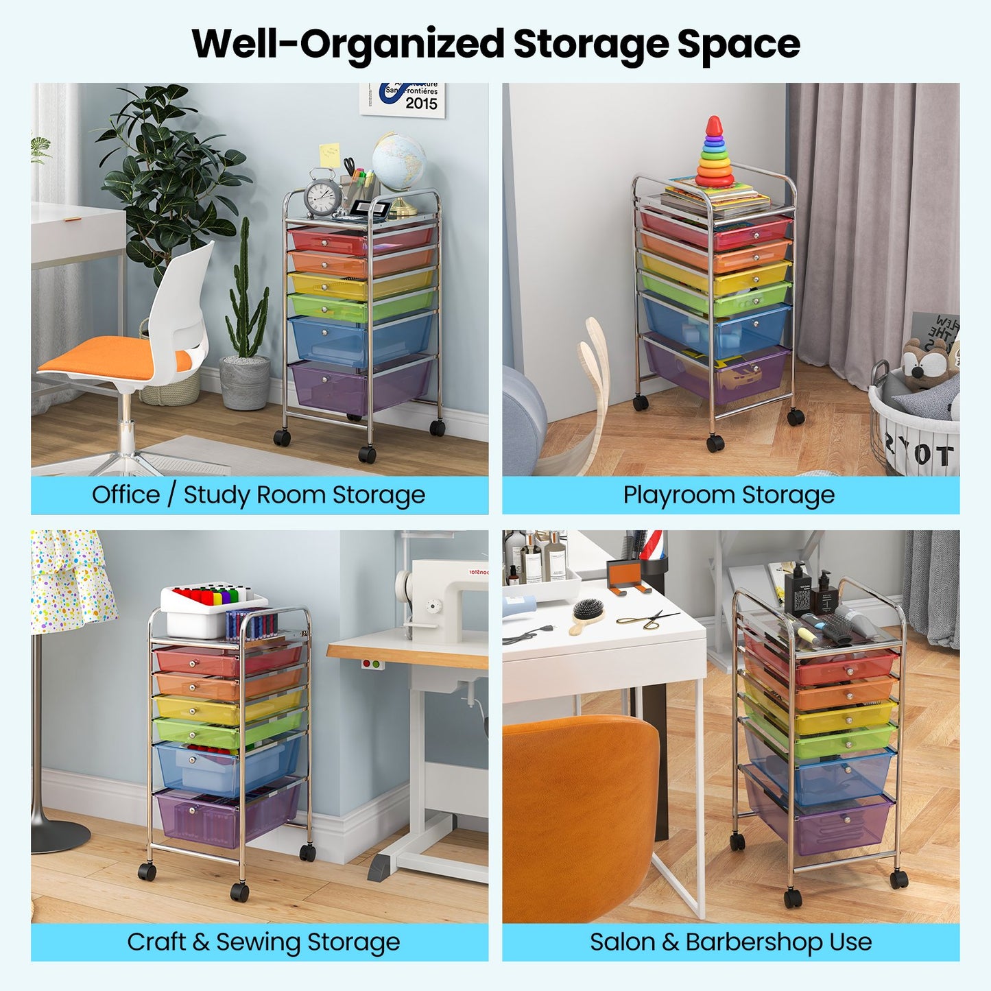 6 Drawers Rolling Storage Cart Organizer, Sheer Rainbow File Cabinets   at Gallery Canada