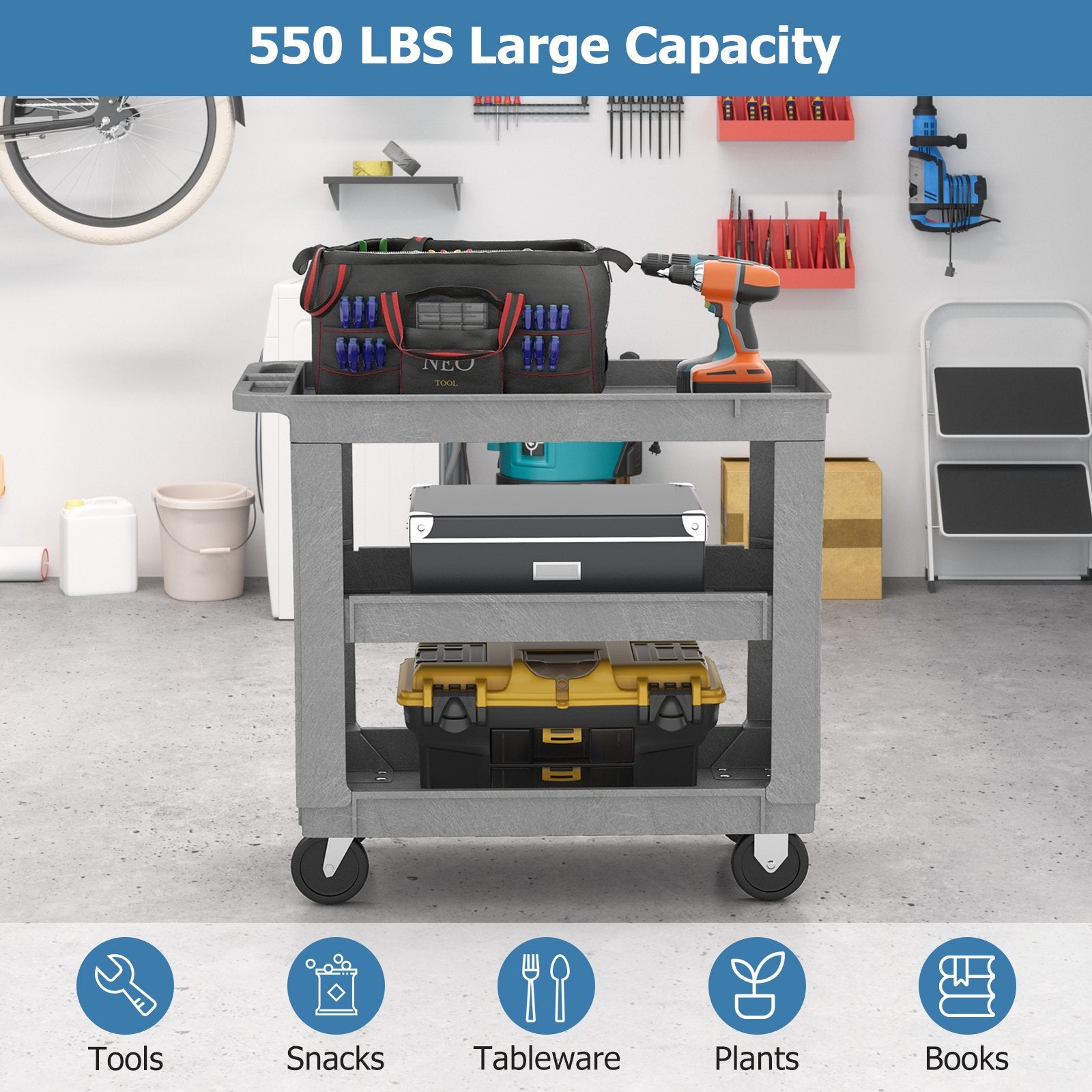 3-Tier Utility Cart with 550 LBS Max Load and Adjustable Middle Shelf, Gray Garages   at Gallery Canada