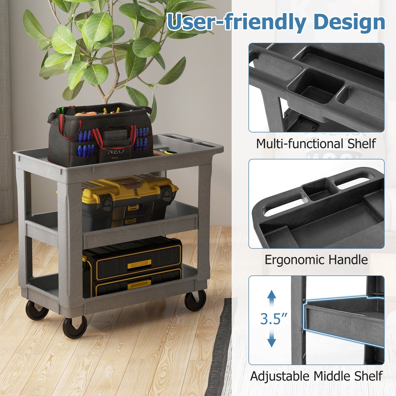 3-Tier Utility Cart with 550 LBS Max Load and Adjustable Middle Shelf, Gray Garages   at Gallery Canada