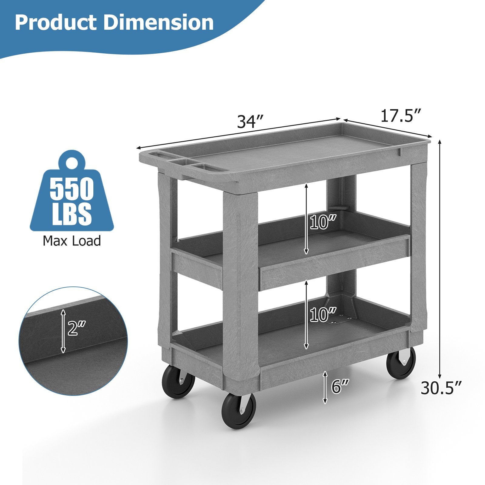 3-Tier Utility Cart with 550 LBS Max Load and Adjustable Middle Shelf, Gray Garages   at Gallery Canada