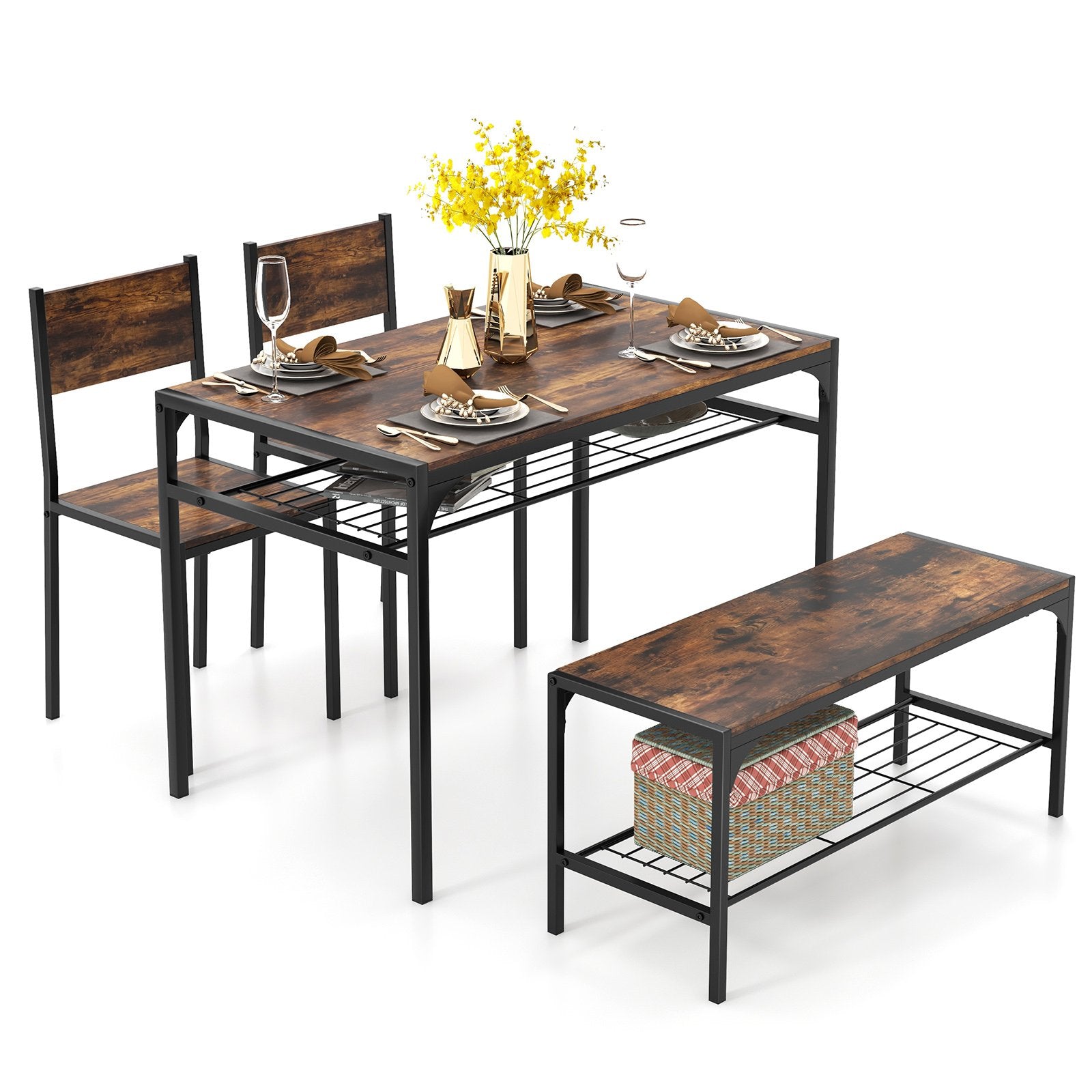 Industrial Style Rectangular Kitchen Table with Bench and Chairs, Rustic Brown Dining Room Sets   at Gallery Canada