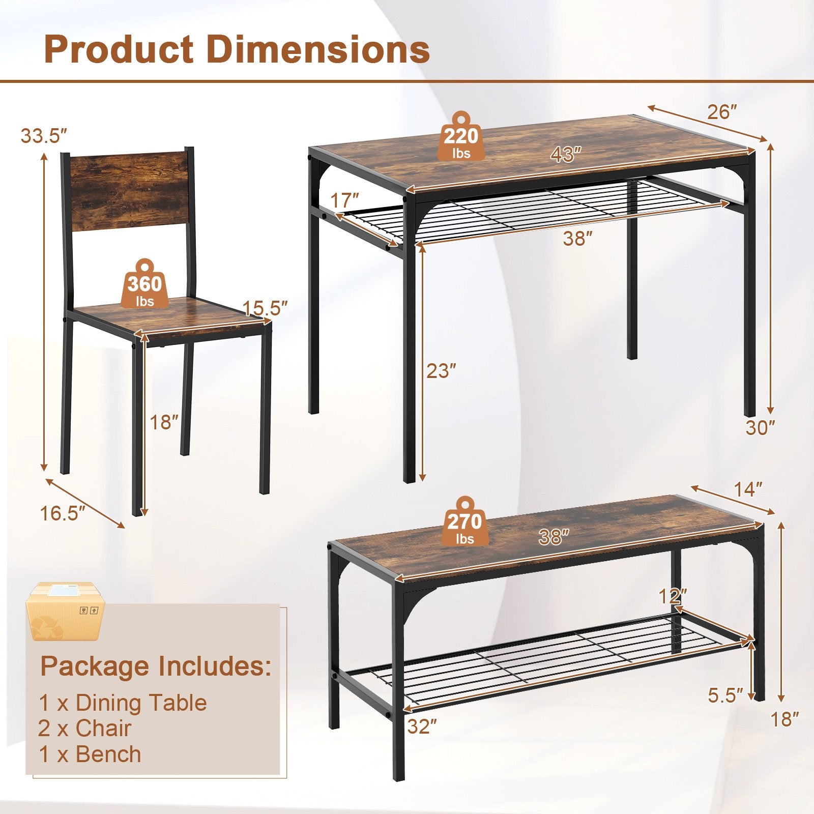 Industrial Style Rectangular Kitchen Table with Bench and Chairs, Rustic Brown Dining Room Sets   at Gallery Canada