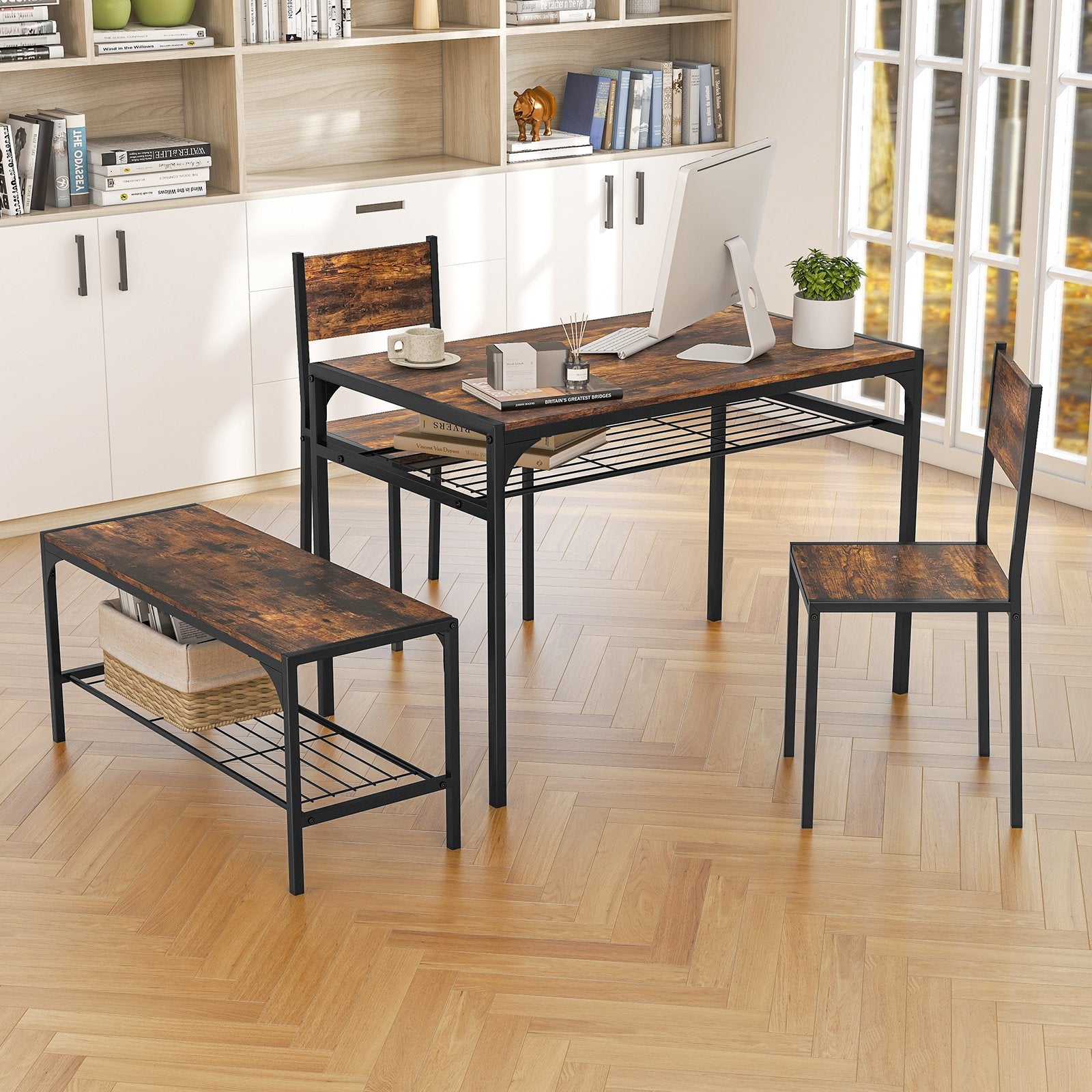 Industrial Style Rectangular Kitchen Table with Bench and Chairs, Rustic Brown Dining Room Sets   at Gallery Canada