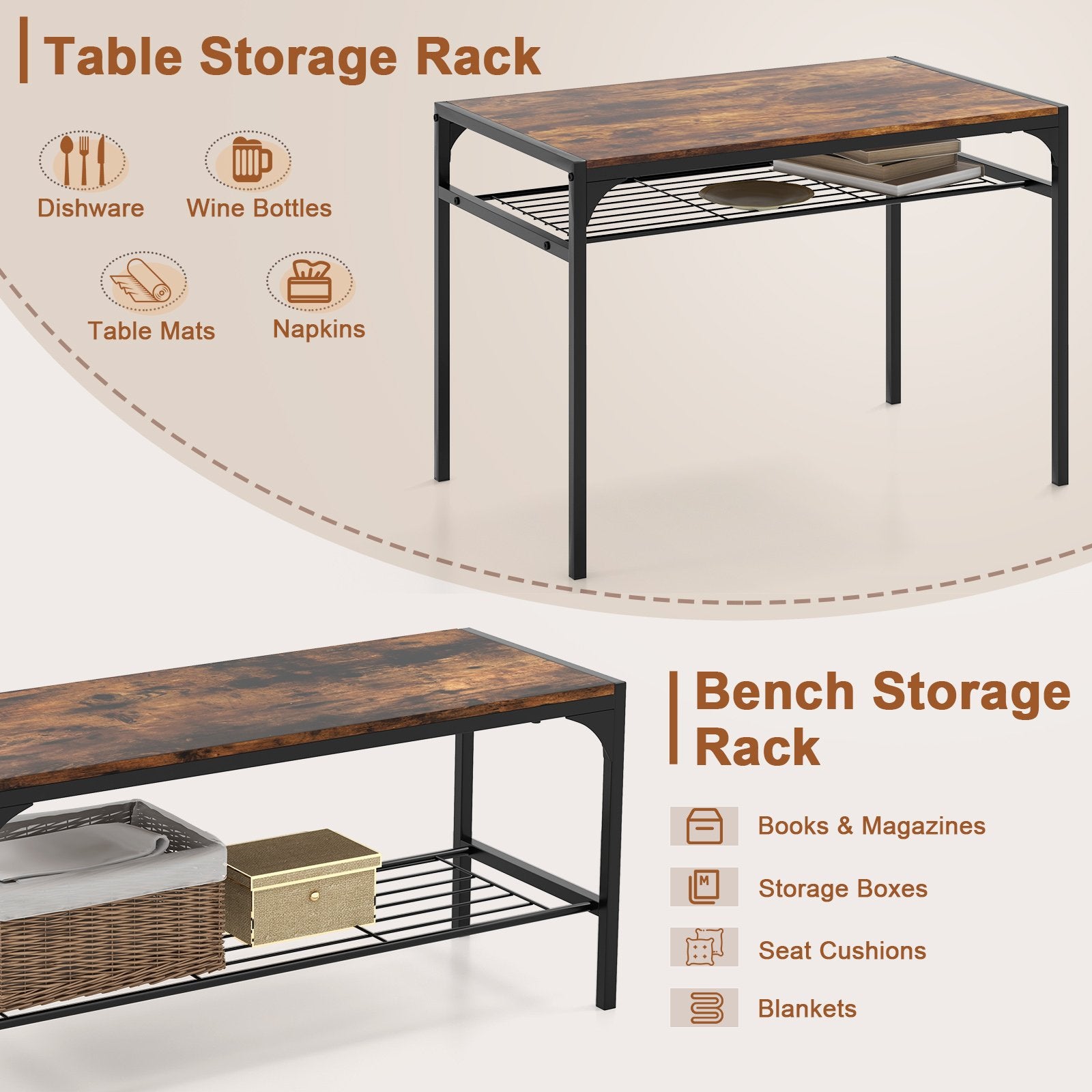 Industrial Style Rectangular Kitchen Table with Bench and Chairs, Rustic Brown Dining Room Sets   at Gallery Canada