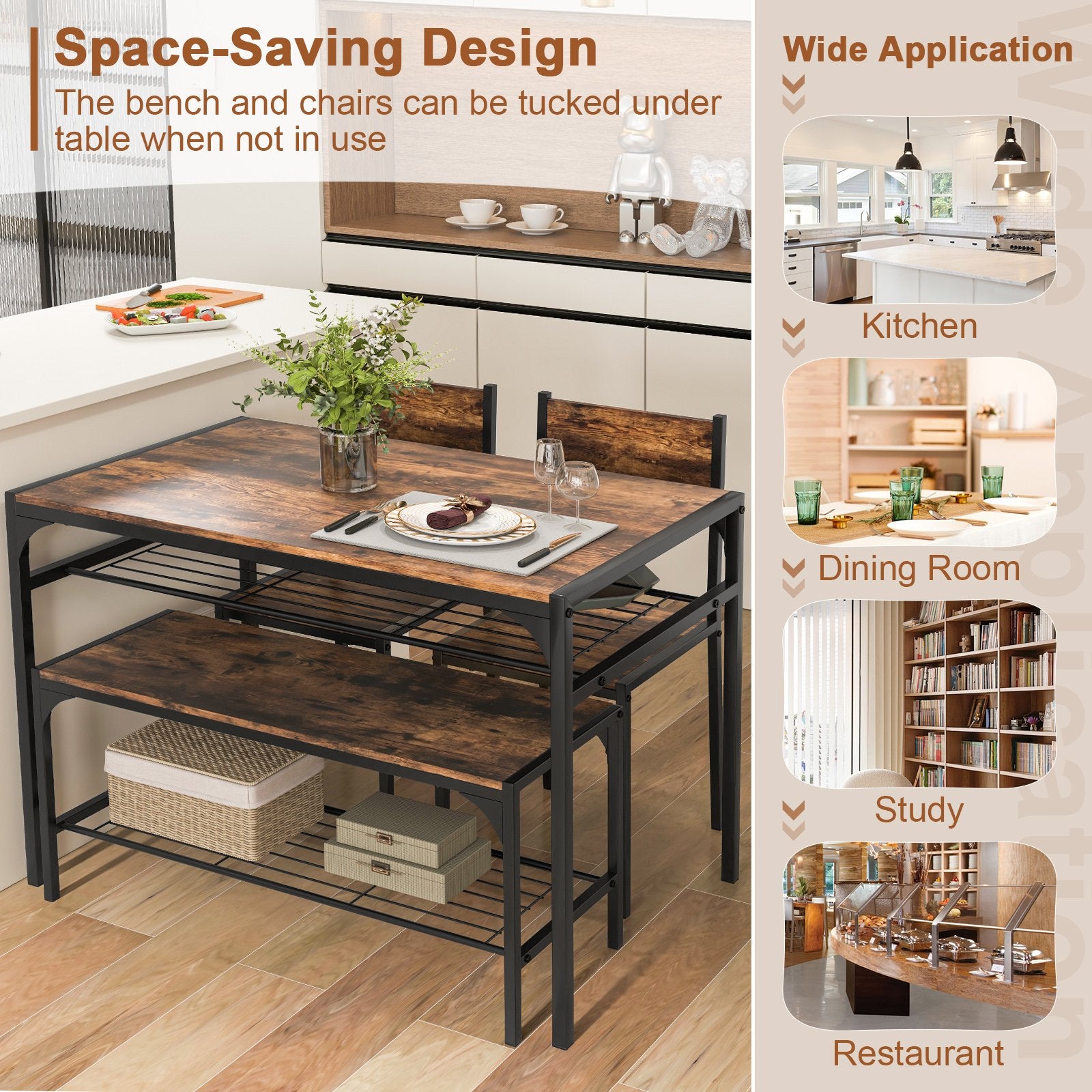 Industrial Style Rectangular Kitchen Table with Bench and Chairs, Rustic Brown Dining Room Sets   at Gallery Canada