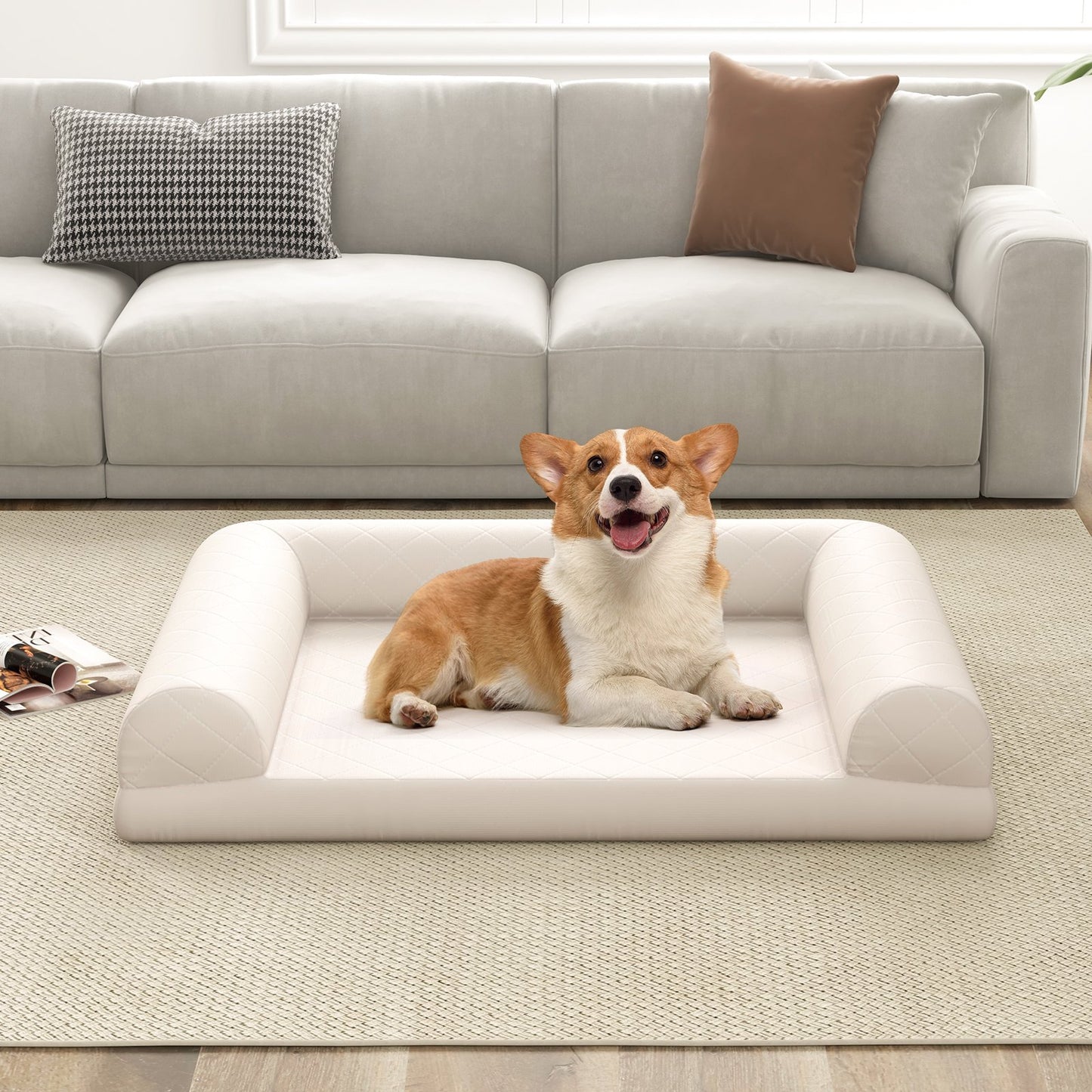 Egg-Foam Dog Crate Bed with 3-Side Bolster and Removable Washable Bed Cover, Beige - Gallery Canada