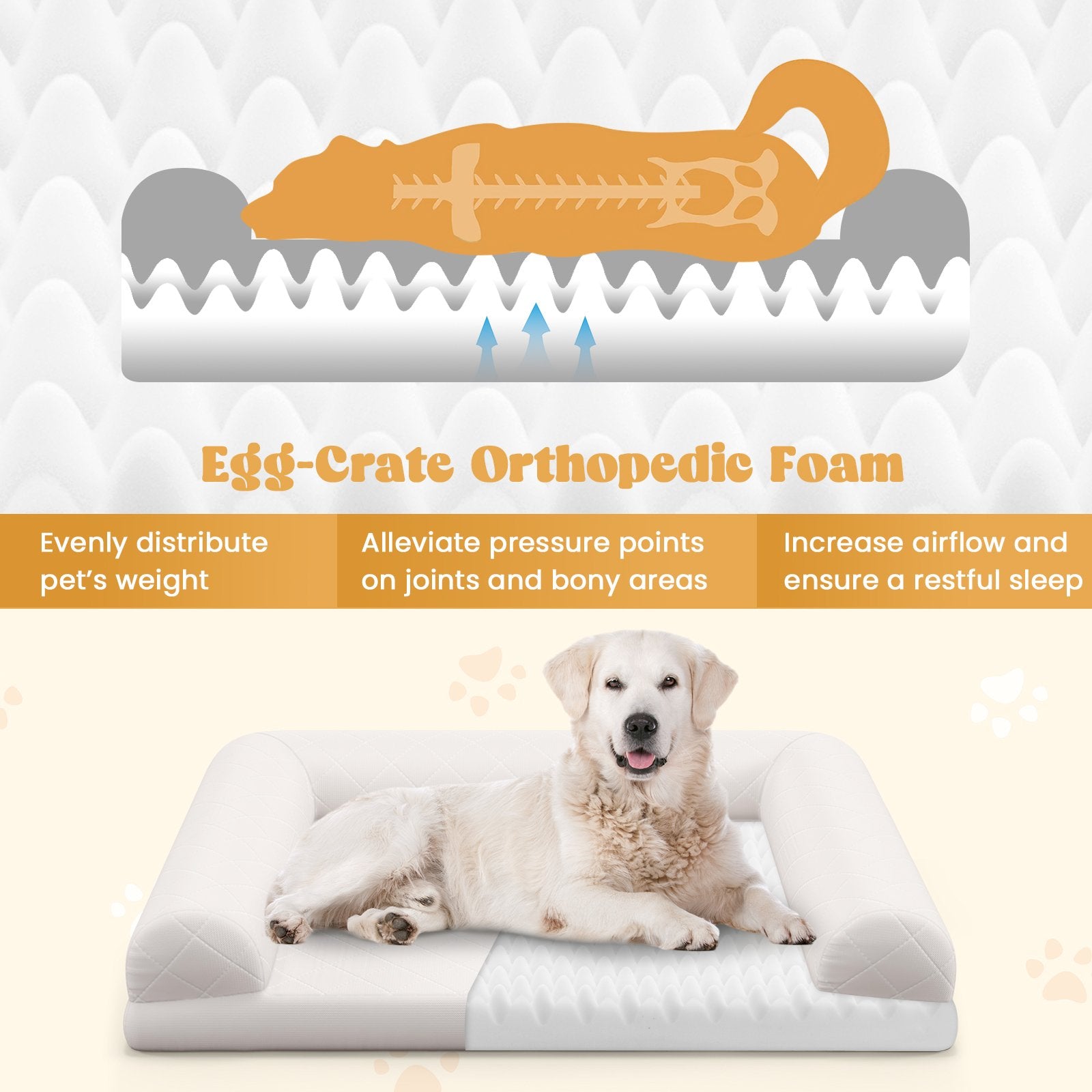 Egg-Foam Dog Crate Bed with 3-Side Bolster and Removable Washable Bed Cover, Beige - Gallery Canada