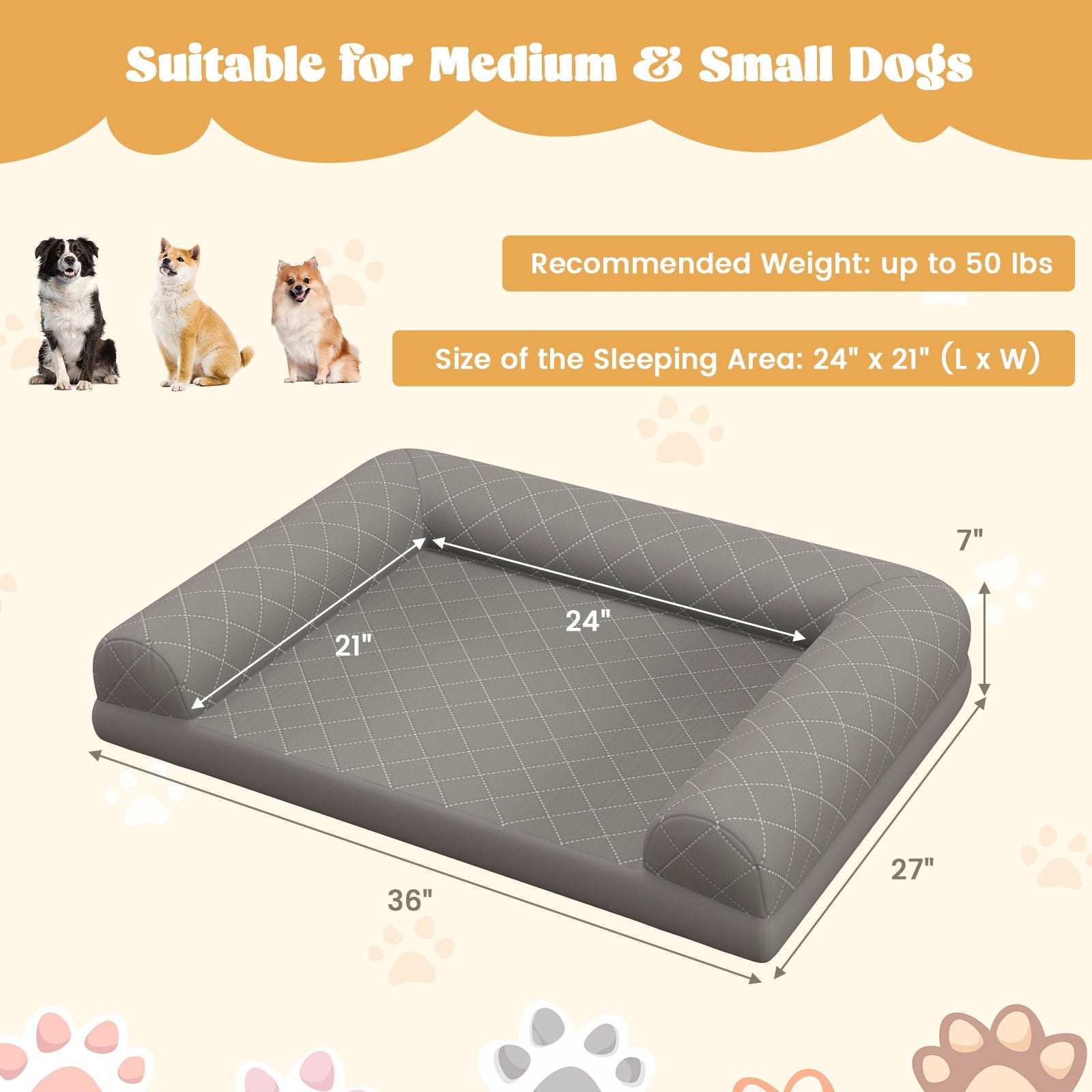 Egg-Foam Dog Crate Bed with 3-Side Bolster and Removable Washable Bed Cover, Gray Dog Supplies   at Gallery Canada