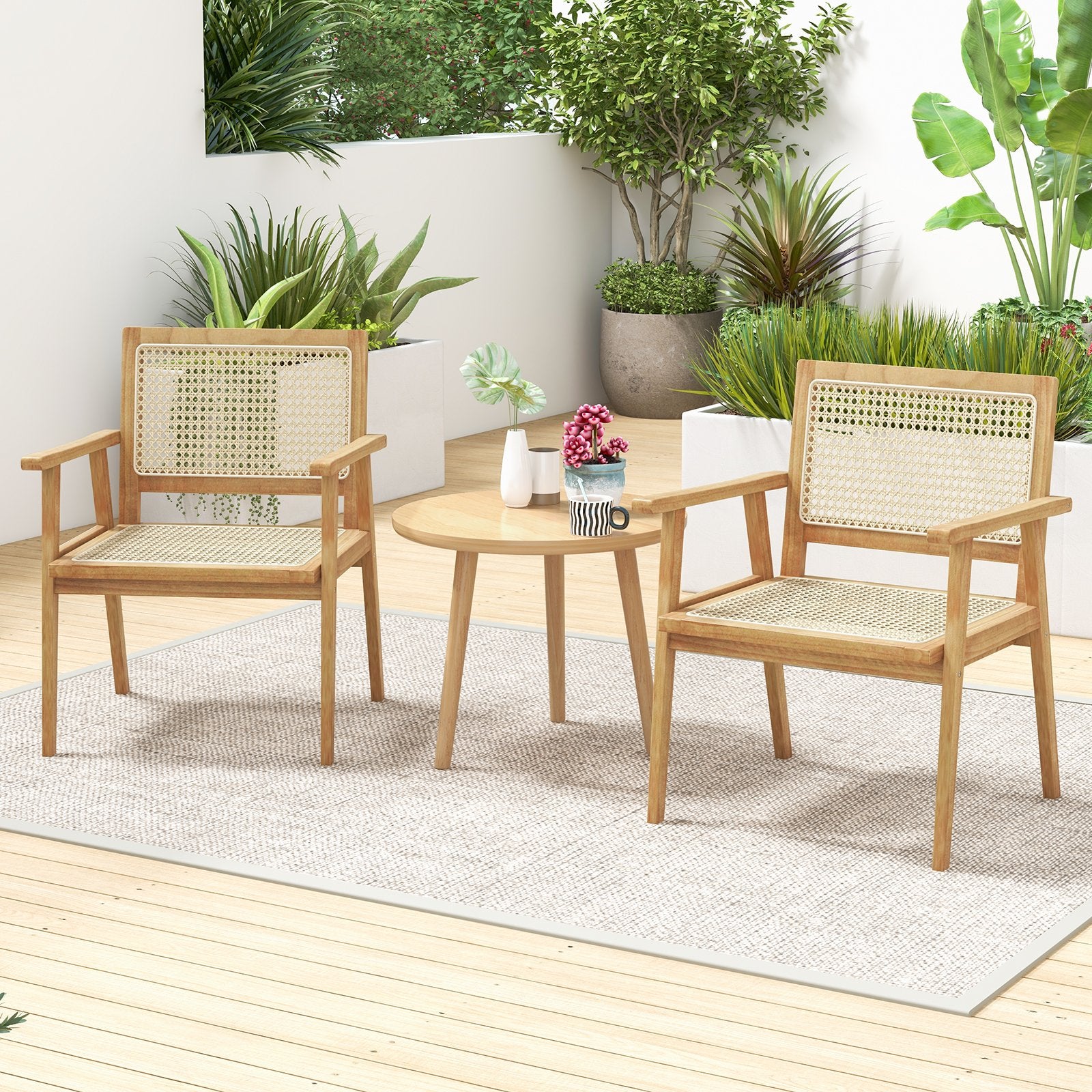 Indonesia Teak Wood Chair with Natural Rattan Seat and Curved Backrest for Backyard Porch Balcony, Natural Patio Dining Chairs   at Gallery Canada