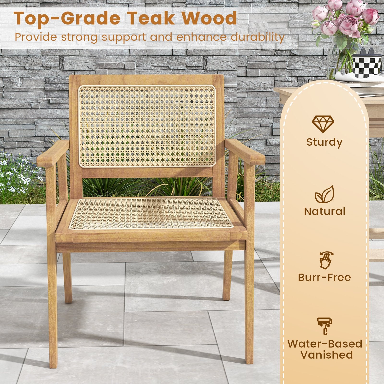 Indonesia Teak Wood Chair with Natural Rattan Seat and Curved Backrest for Backyard Porch Balcony, Natural Patio Dining Chairs   at Gallery Canada