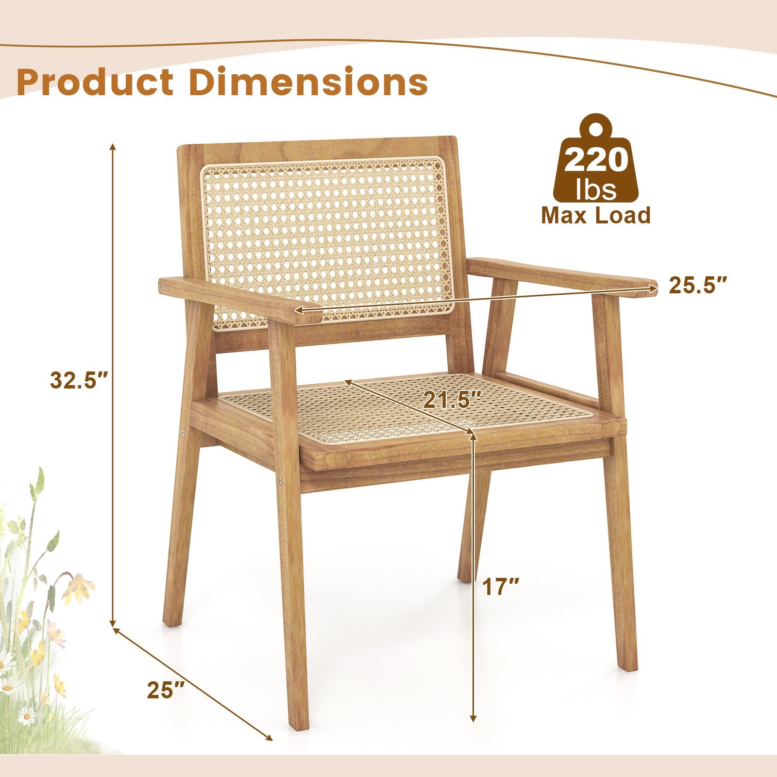 Indonesia Teak Wood Chair with Natural Rattan Seat and Curved Backrest for Backyard Porch Balcony, Natural Patio Dining Chairs   at Gallery Canada