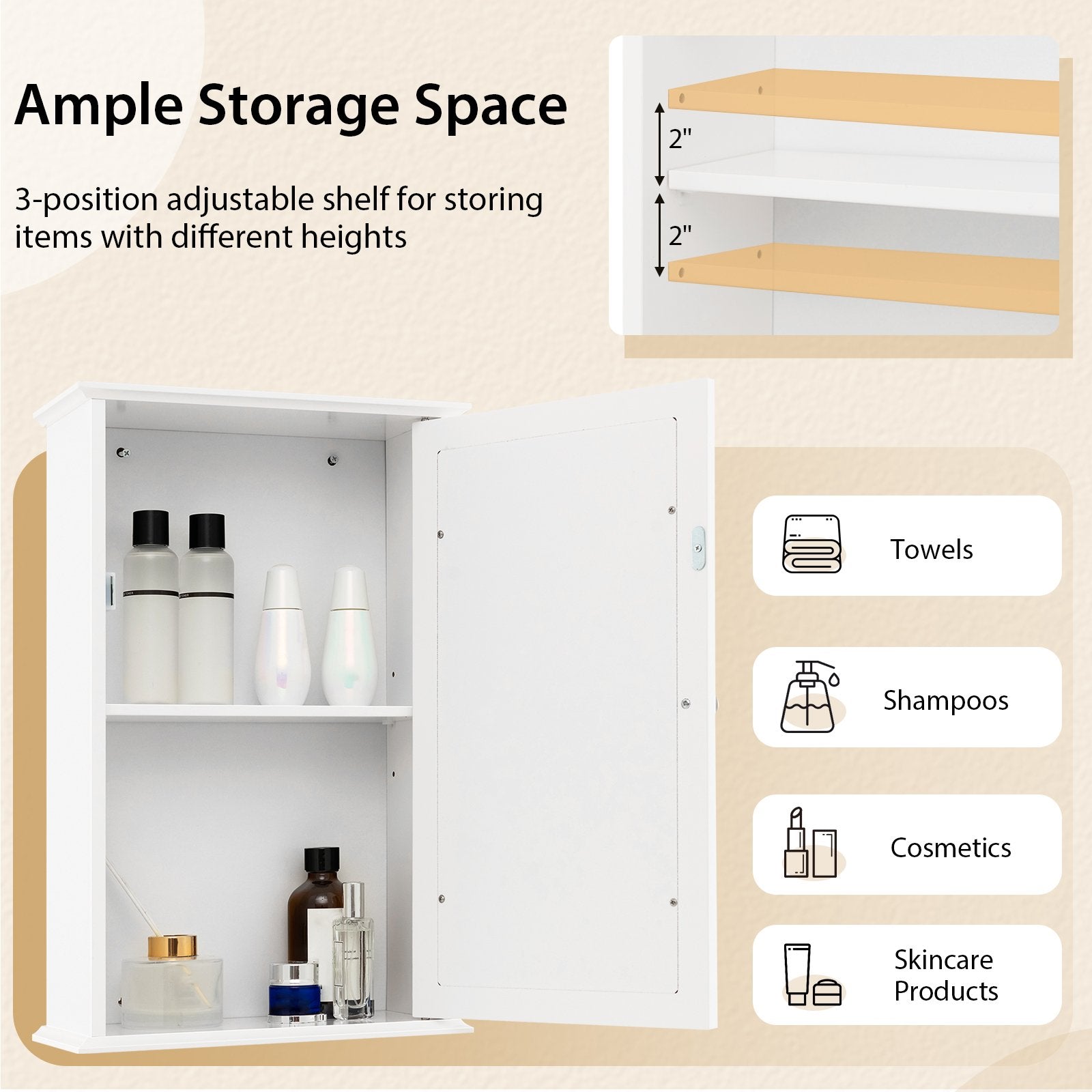 Bathroom Wall Cabinet with Single Mirror Door, White Wall Cabinets   at Gallery Canada