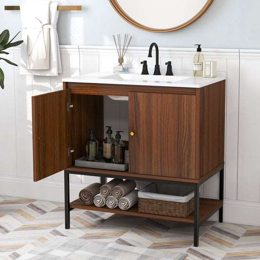 31 Inch Bathroom Vanity Sink Combo with Doors and Open Shelf, Walnut Floor Cabinets   at Gallery Canada