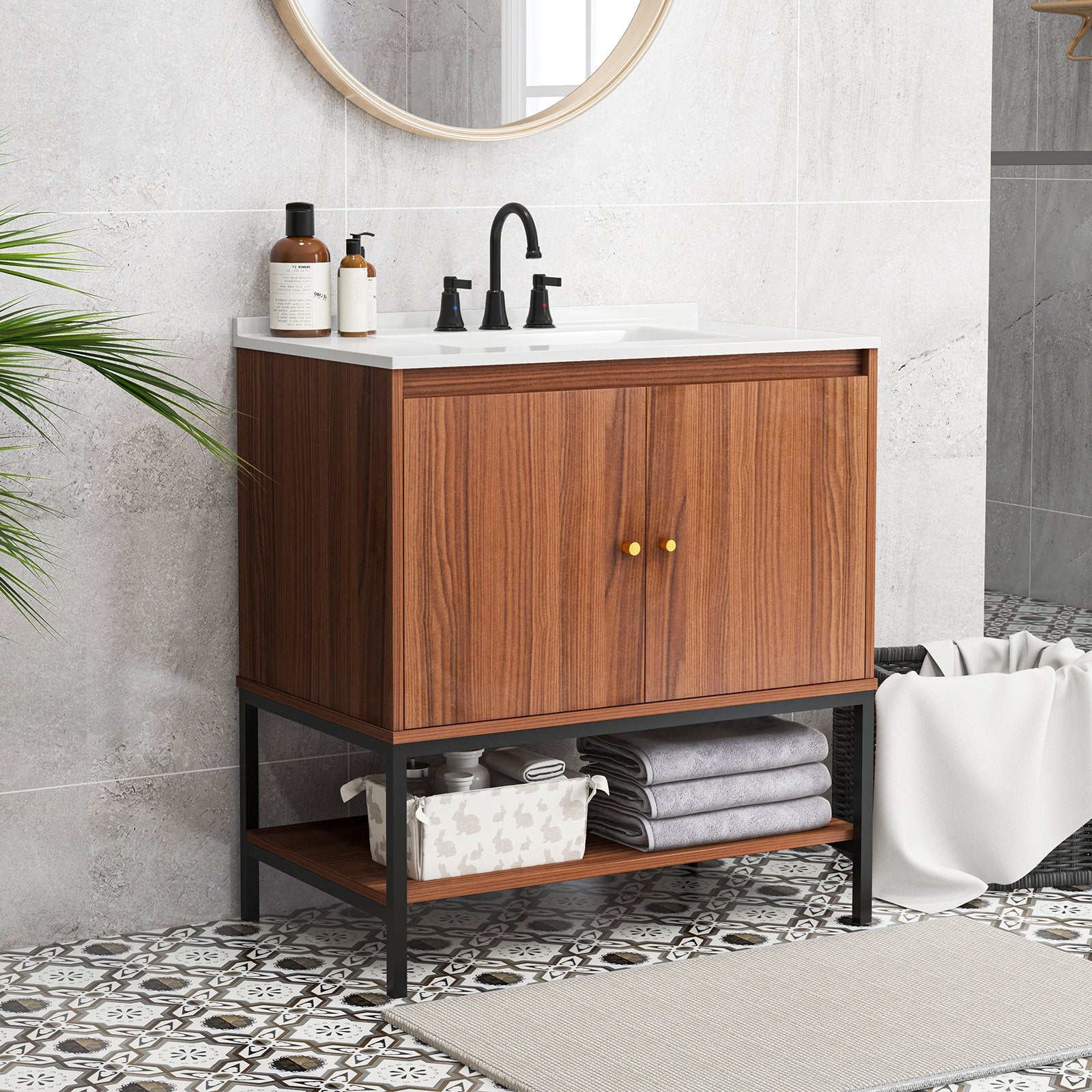 31 Inch Bathroom Vanity Sink Combo with Doors and Open Shelf, Walnut Floor Cabinets   at Gallery Canada