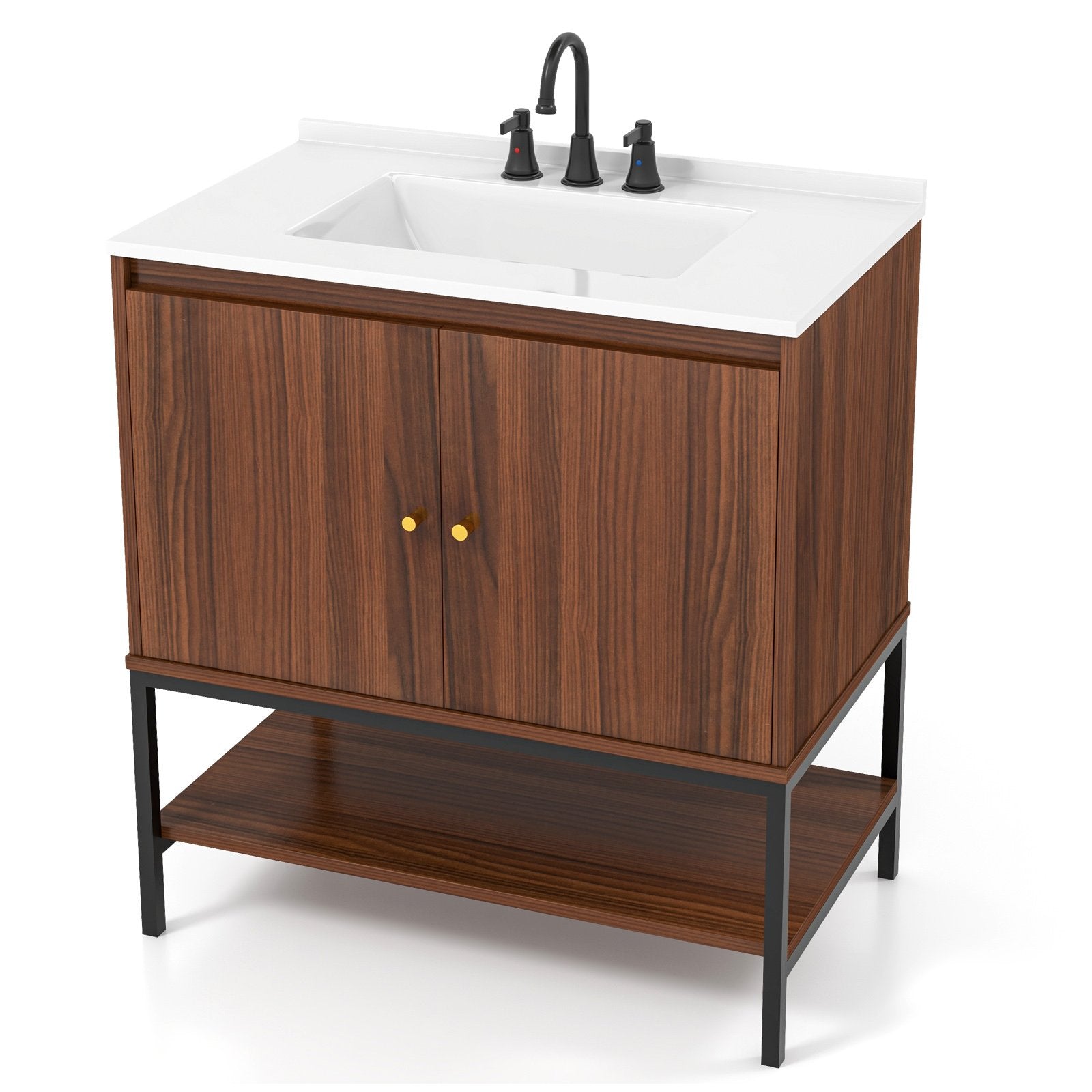 31 Inch Bathroom Vanity Sink Combo with Doors and Open Shelf, Walnut Floor Cabinets   at Gallery Canada