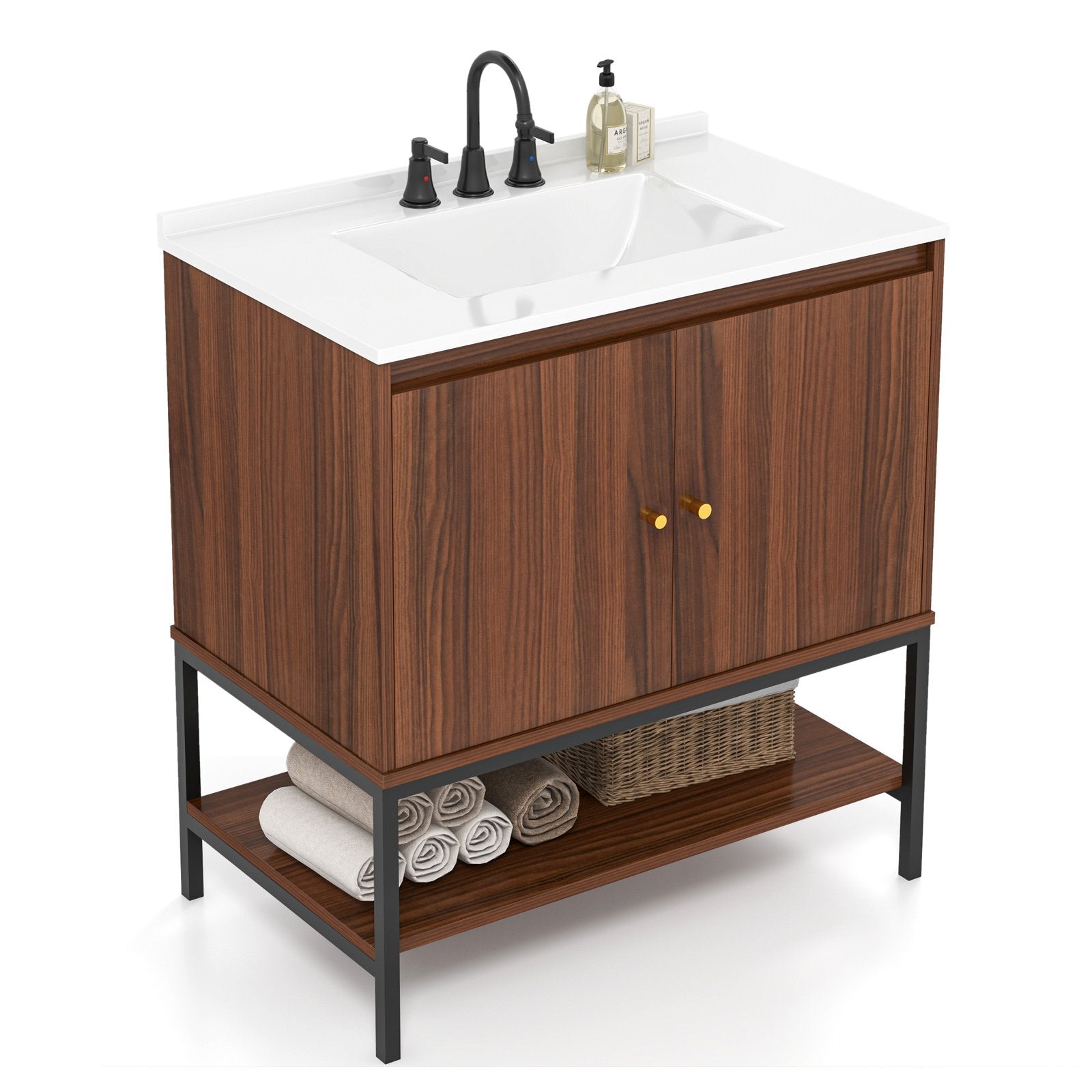 31 Inch Bathroom Vanity Sink Combo with Doors and Open Shelf, Walnut Floor Cabinets   at Gallery Canada