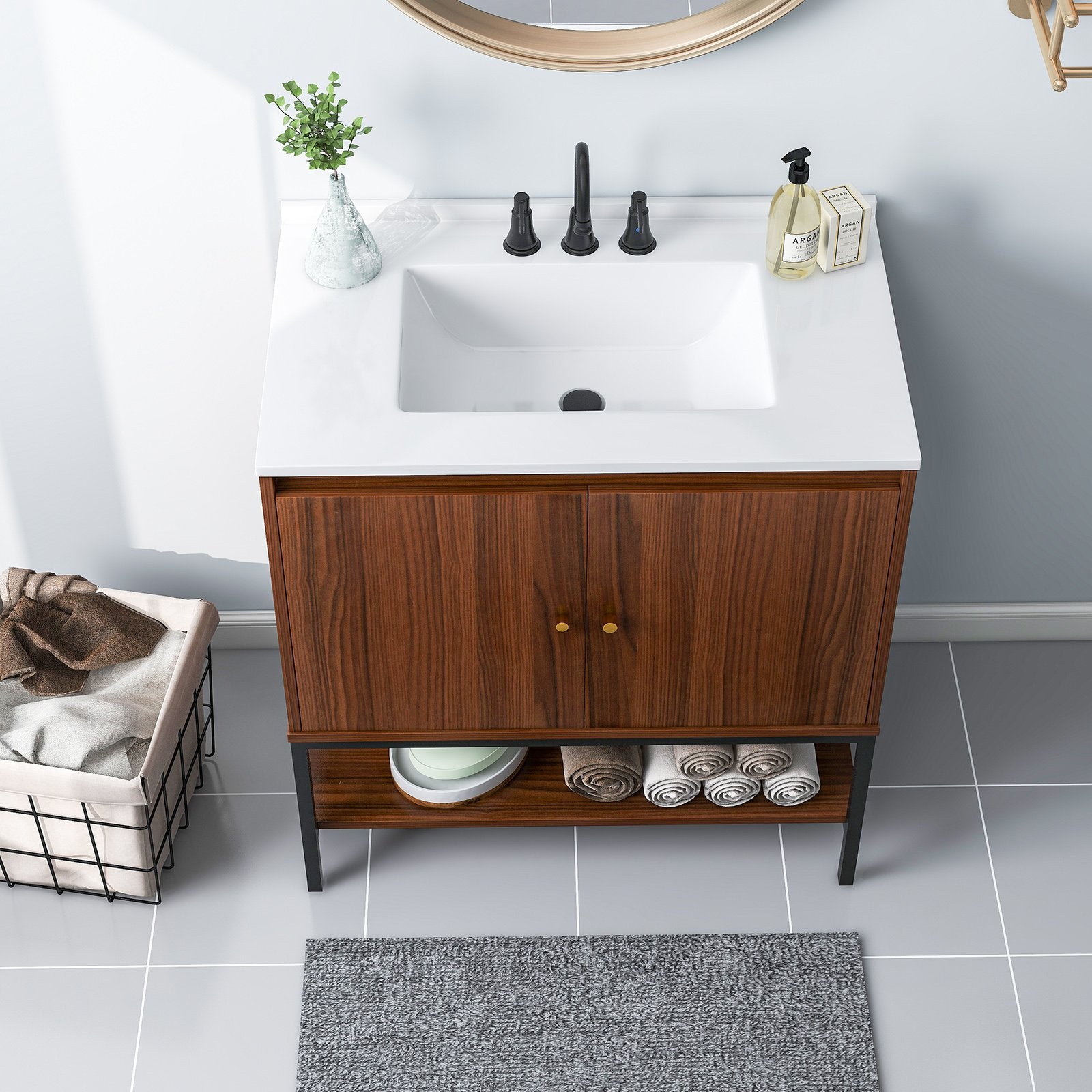 31 Inch Bathroom Vanity Sink Combo with Doors and Open Shelf, Walnut Floor Cabinets   at Gallery Canada