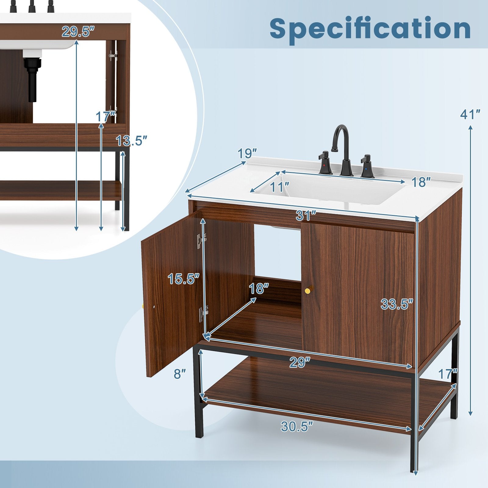 31 Inch Bathroom Vanity Sink Combo with Doors and Open Shelf, Walnut Floor Cabinets   at Gallery Canada