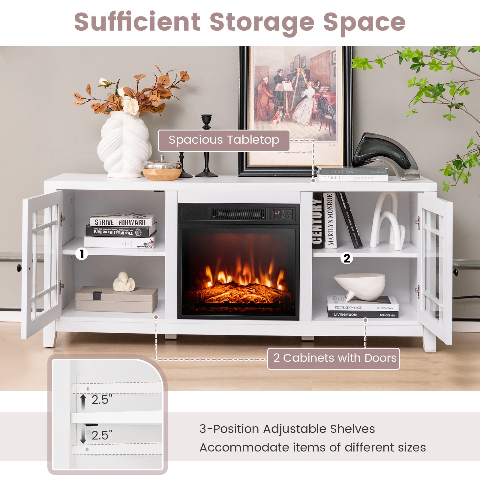 58 Inch Fireplace TV Stand with Adjustable Shelves for TVs up to 65 Inch, White Entertainment Centers & TV Stands at Gallery Canada