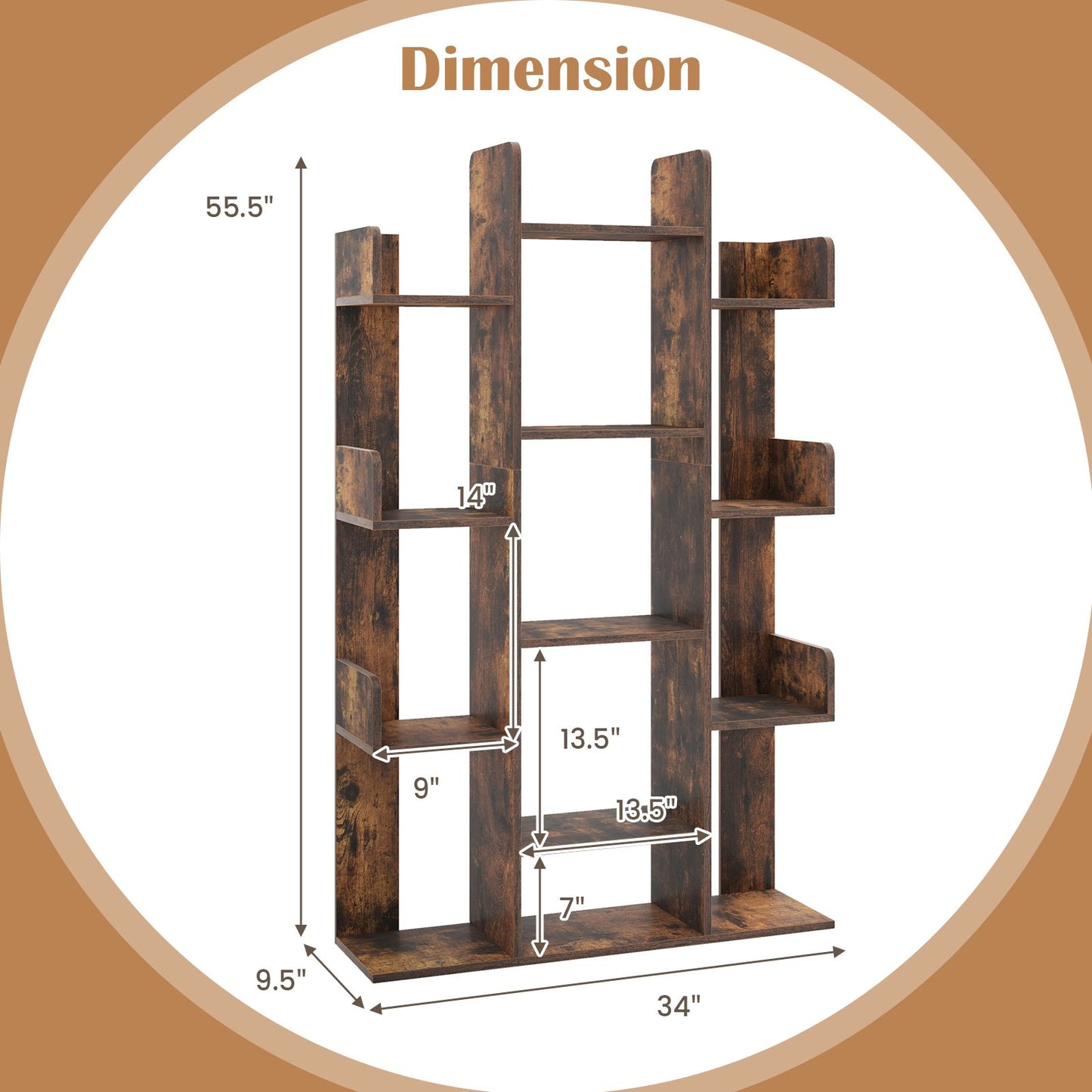 Tree-Shaped Bookshelf with 13 Compartments for Home Office, Rustic Brown - Gallery Canada