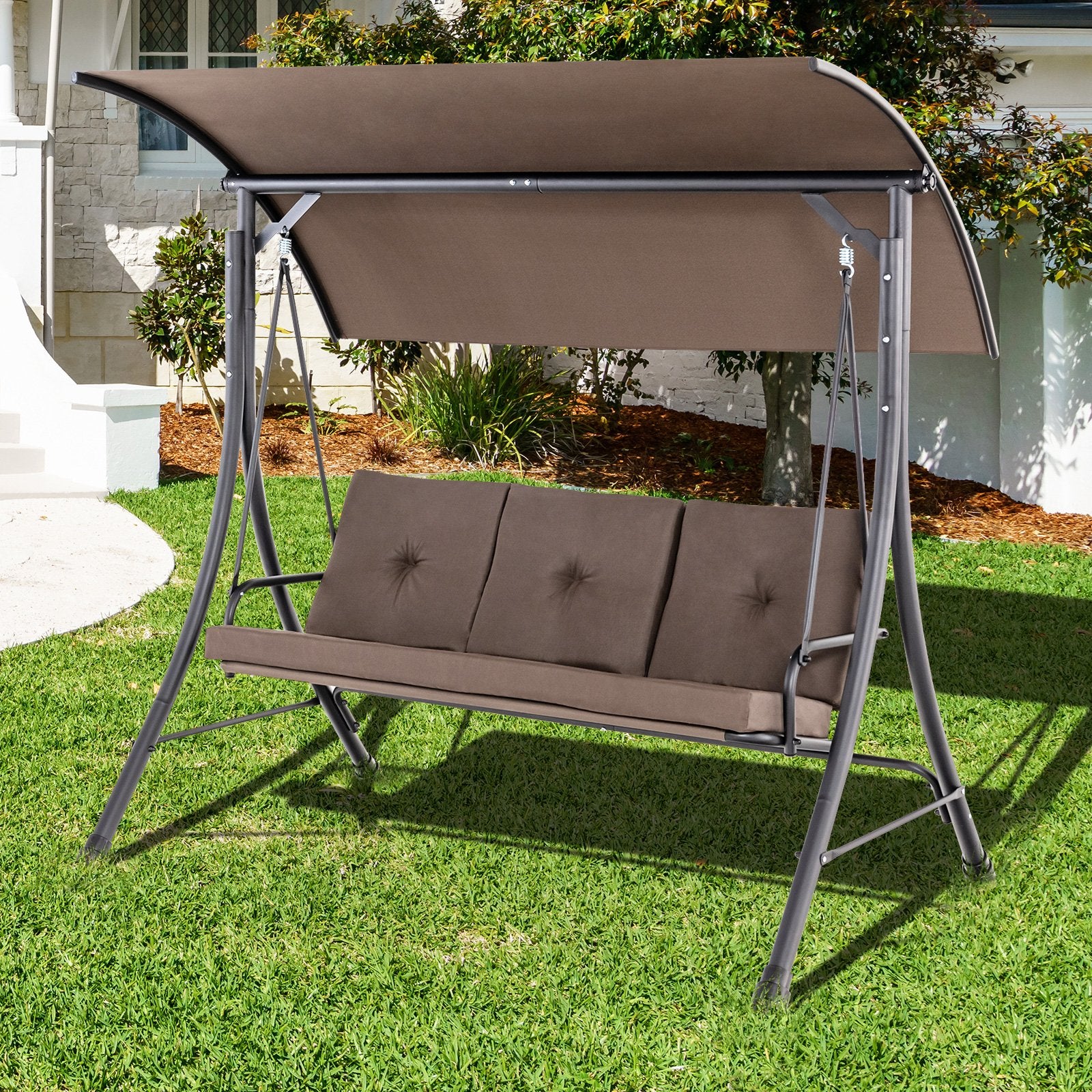 3-Seat Outdoor Porch Swing with Adjustable Canopy and Padded Cushions, Brown Porch Swings   at Gallery Canada