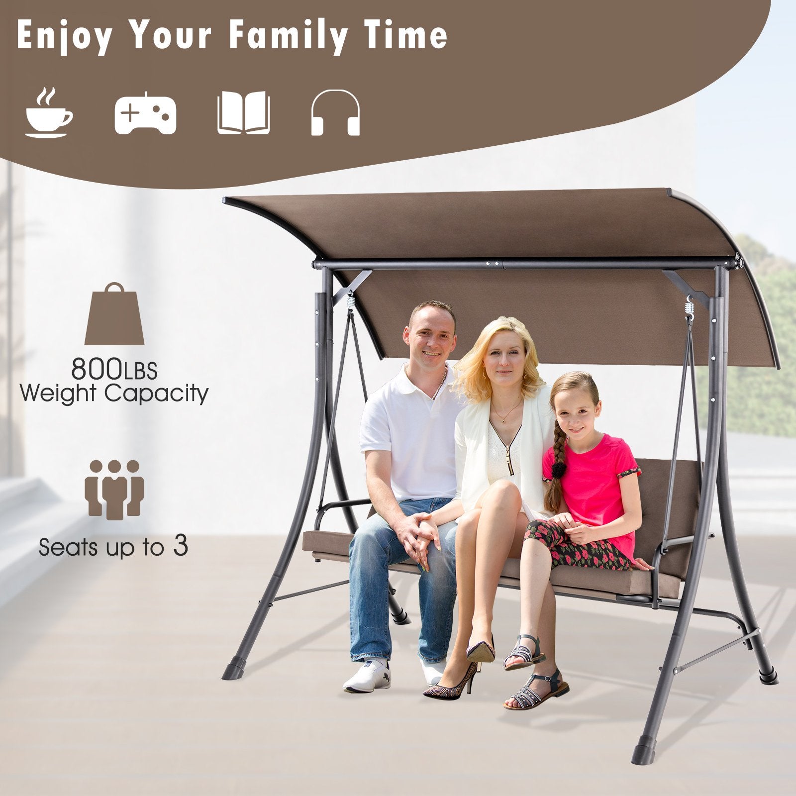 3-Seat Outdoor Porch Swing with Adjustable Canopy and Padded Cushions, Brown Porch Swings   at Gallery Canada