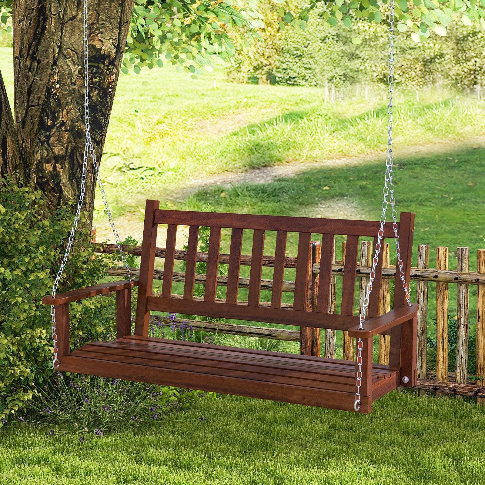 3-Person Wooden Outdoor Porch Swing with 800 lbs Weight Capacity, Brown Porch Swings   at Gallery Canada